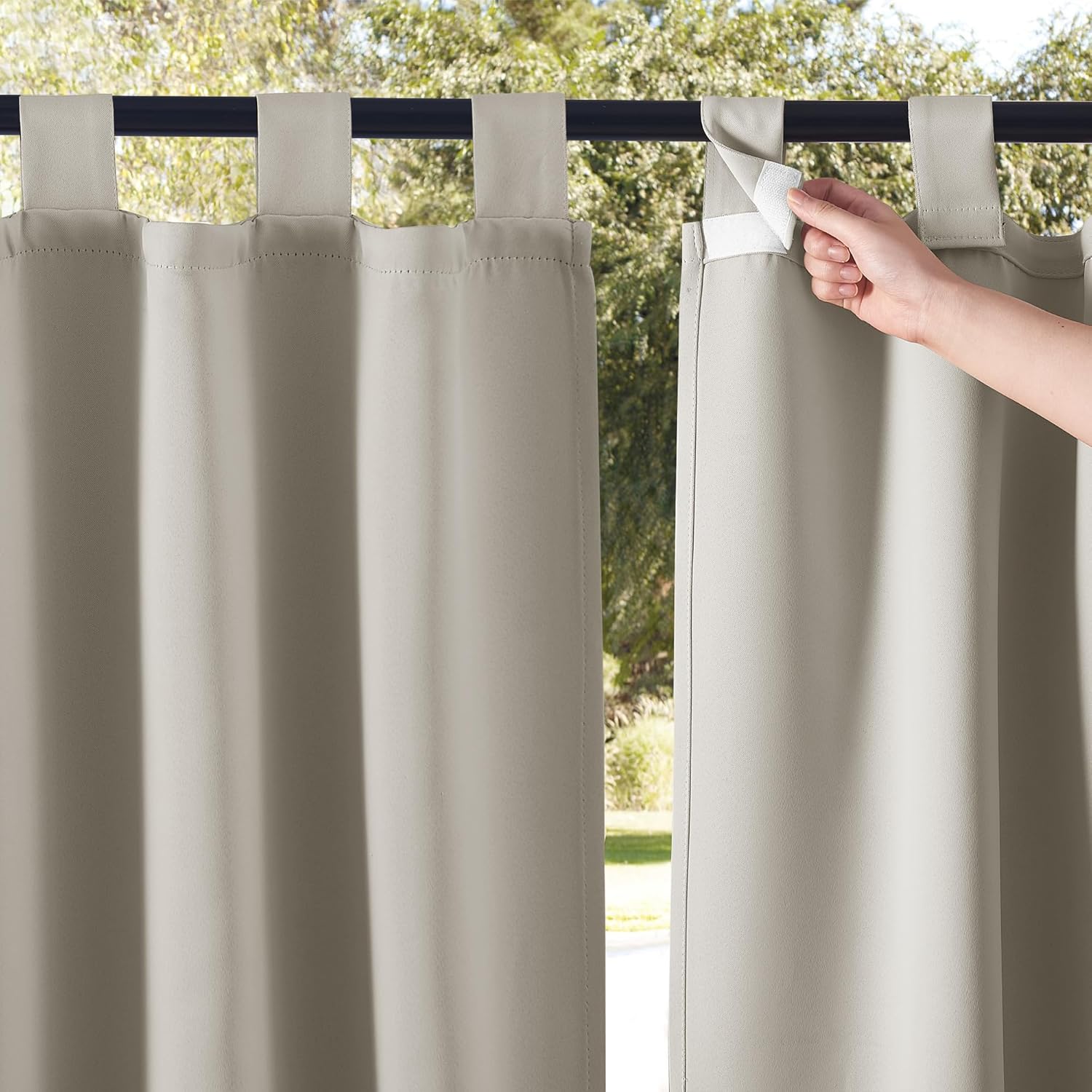 NICETOWN 2 Panels Natural Outdoor Patio Curtainss Waterproof, Detachable Sticky Tab Top Thermal Insulated Privacy Indoor Outdoor Drapes Cold & Heat Block Room Darkening for Pergola, W52 x L84 W52 x L84|2PCs Natural