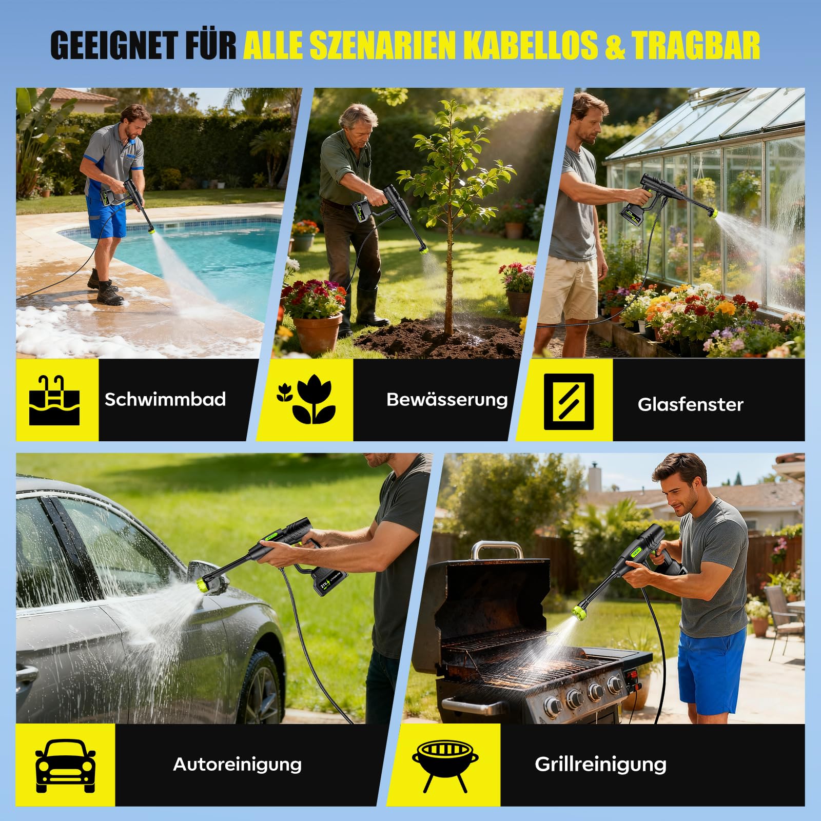 YKYI Akku Hochdruckreiniger - 7m Schlauch, 6-in-1 Düse & 30 Druckstufen, mit 21V Akku, 1200 PSI Portable Pressure Washer für Auto, Garten, Fenster & Camping