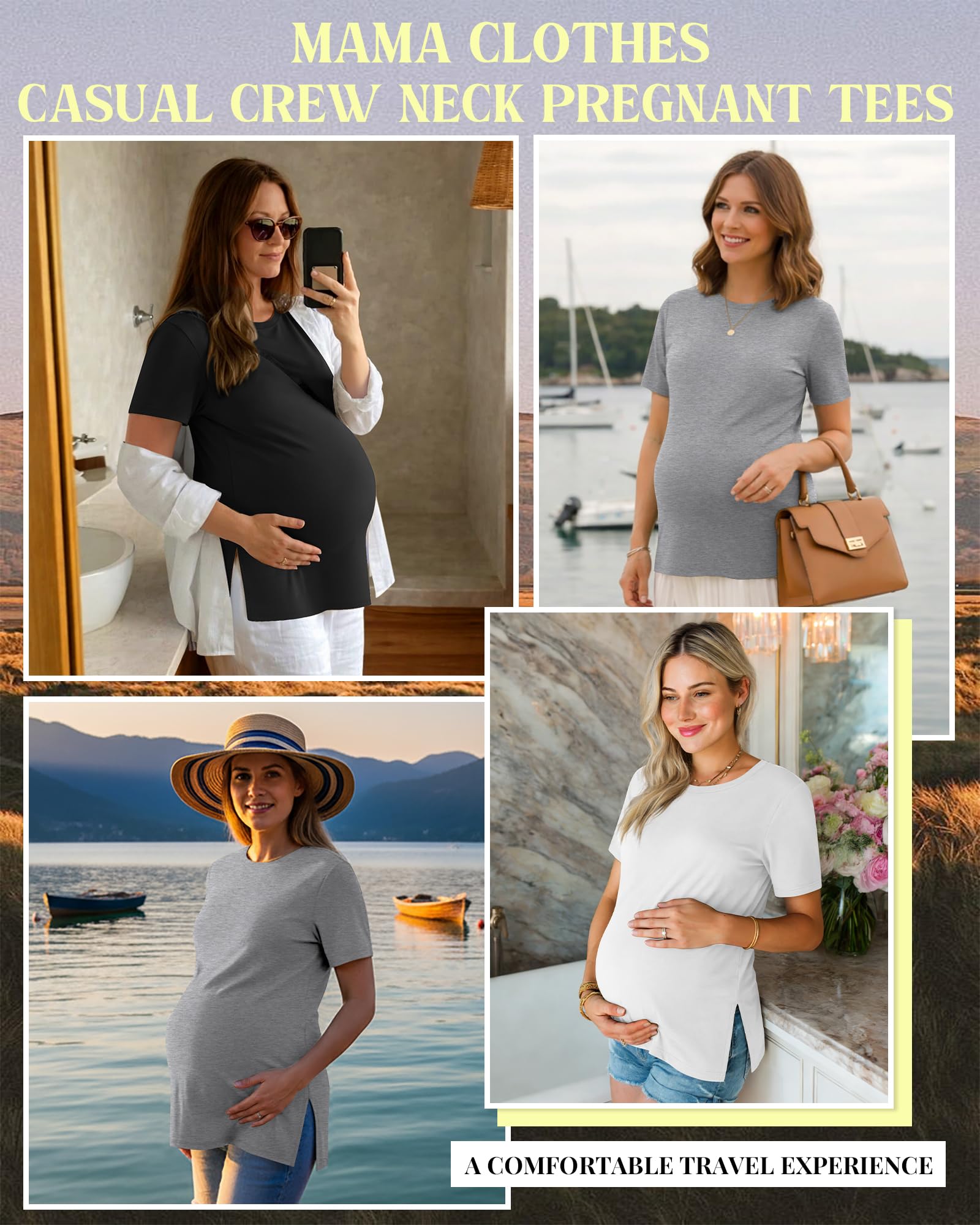 Ficerd, Confezione da 3 Magliette Premaman da Donna, Manica Corta, Spacchi Laterali, Casual, Girocollo, per Gravidanza