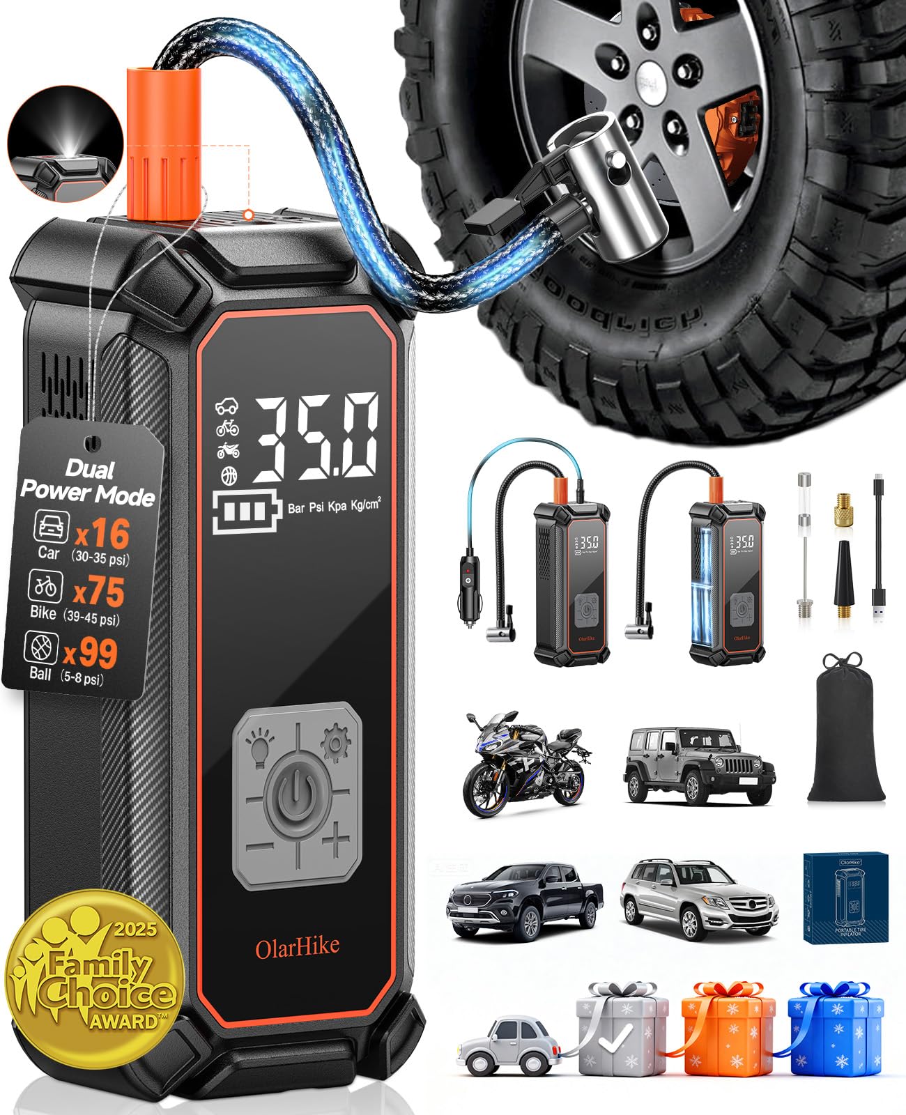 OlarHike Cordless Tire Inflator Portable Air Compressor, 150PSI Dual Power, 5400mAh & 12V DC Auto Air Pump for Car Tires, Motorcycle, Bicycle, Electric Pump with LED Light & Digital Pressure Gauge
