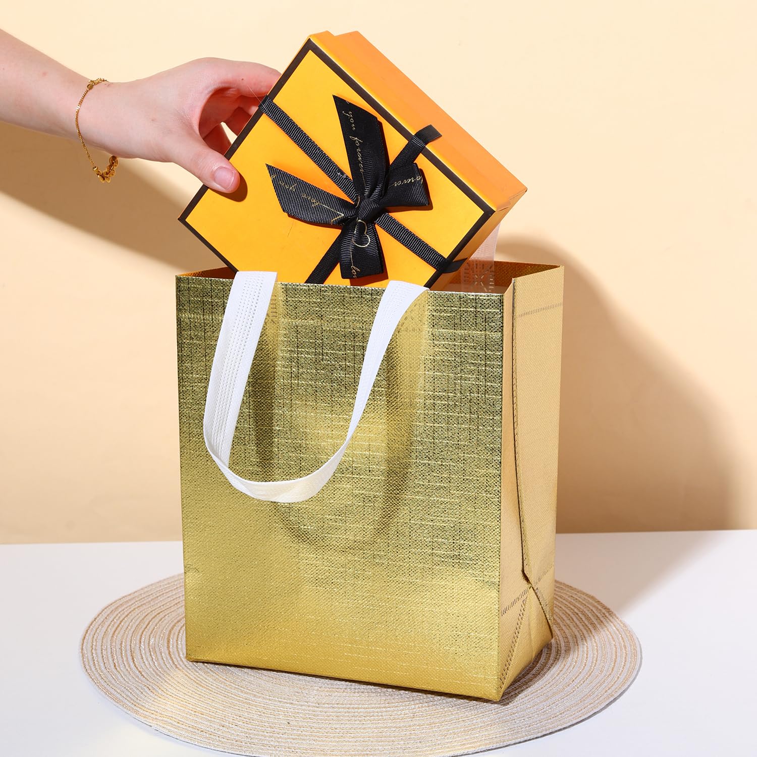 Glossy Gold Gift Bags with Handle 20-Pack,Reusable Non-woven Party Favor Bags with Sturdy Base for Birthday Wedding Easter,8.27x9.84x4.72 Inches (Gold, X-Small)