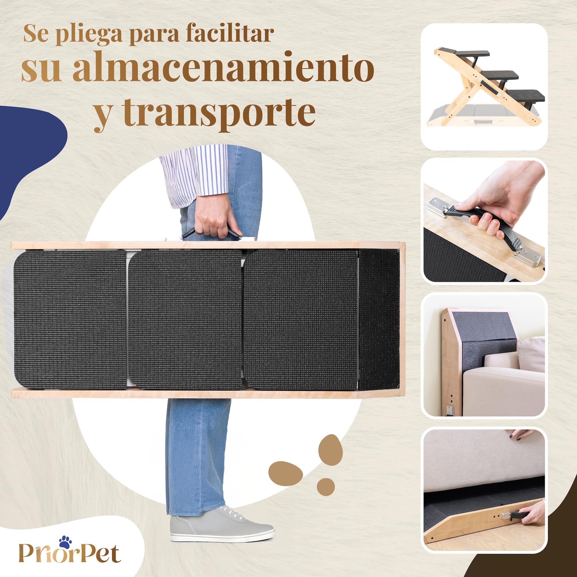 Escalones y Rampa para Perros 2-en-1 - Escalera/Rampa Ajustable en Altura para Sofá 18-50 cm - Escalones para Mascotas, Escalones para Perros Pequeños - con Plataforma de Aterrizaje, Natural