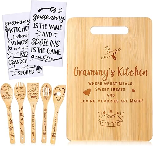 Juego de 8 piezas de regalos de Grammy, toallas de cocina Grammy, cucharas de bambú para cocinar, utensilios de cocina de bambú, tabla de cortar de