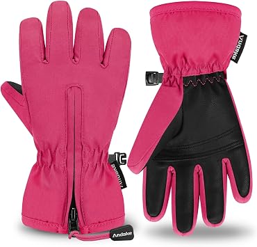 Andake Winter Ski Snow Gloves for Kids 2-14 - Waterproof Thermal Mittens for Boys Girls with Anti-Loss Wrist Strap, Windproof Cold Protection & Cute Printing Design Toddler Snow Gloves