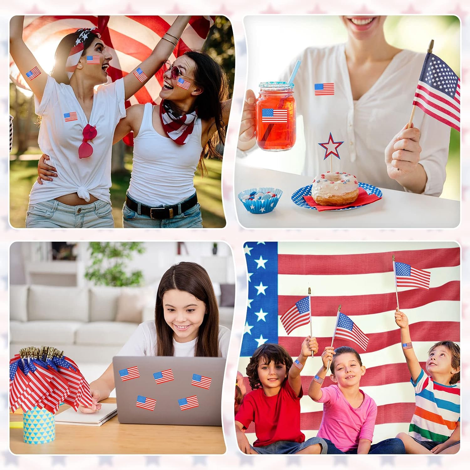 Batiyeer 100 Pcs Mini American Flag on Stick & 500 Pcs USA Flag Stickers Patriotic Decoration for 4th of July Memorial Day Parades & Parties - Polyester, Triangular, Red, White, Blue