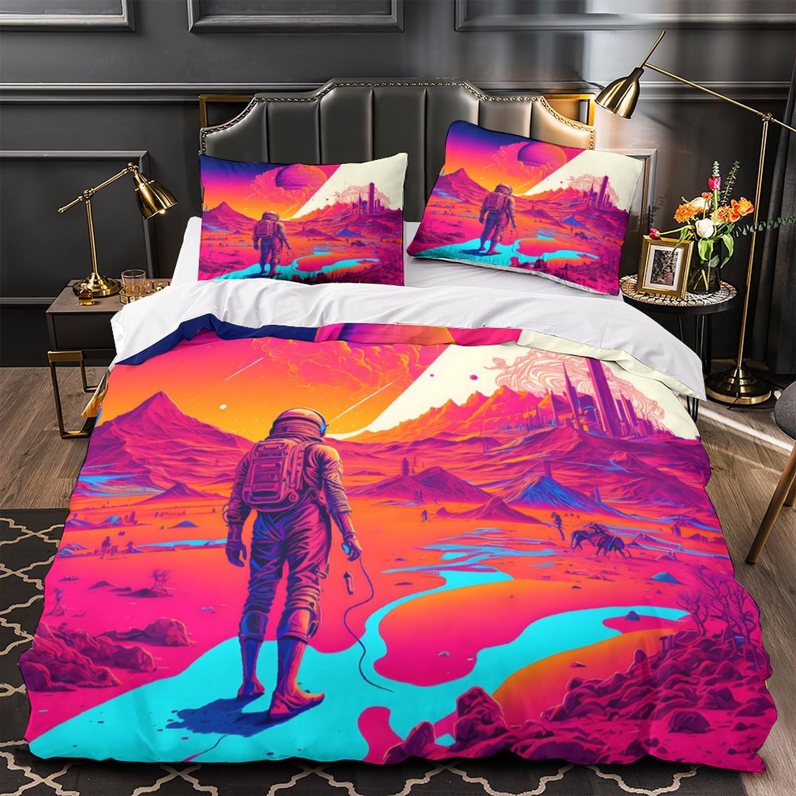 Housse de couette astronaute sur la lune 220x240 cm parure de lit microfibre pour ado