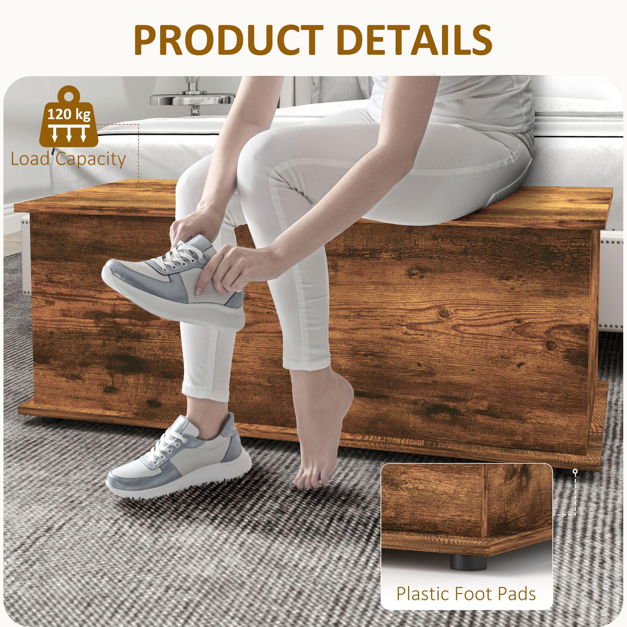 HOMCOM Banco de Almacenaje, Baúl Interior con Pies Antideslizantes, Capacidad 60 kg, Baúl Interior de Madera, para Dormitorio y Entrada, 100x40x40 cm, Marrón