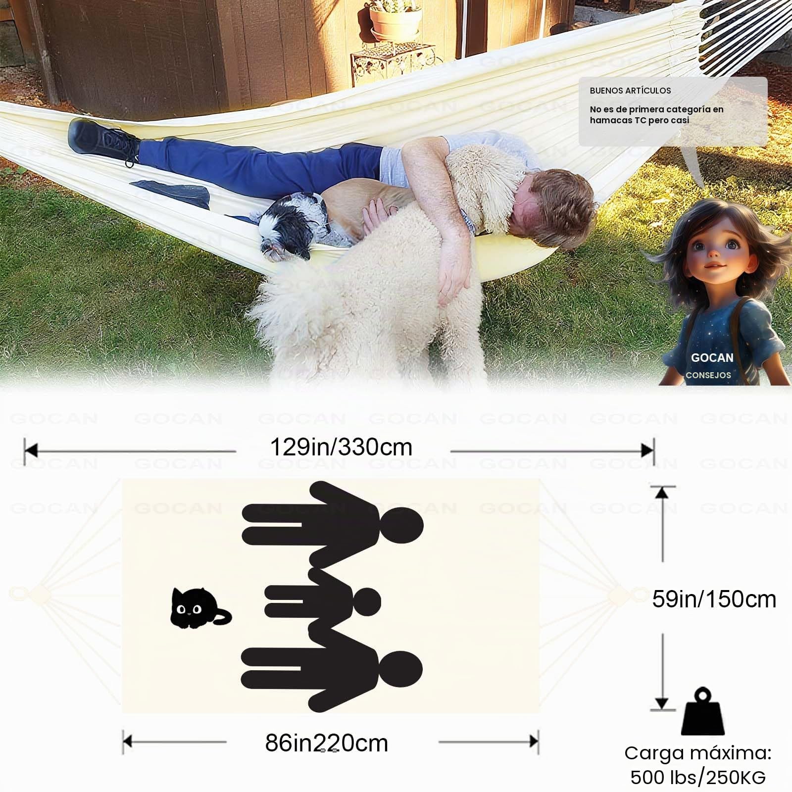 GOCAN hamacas Jardin amacas de Jardin Exterior Lona 220x150cm Longitud Total 330cm Carga 300kg Hamaca Doble amaca Colgante para Patio Porche e Interior (Beige) XXL