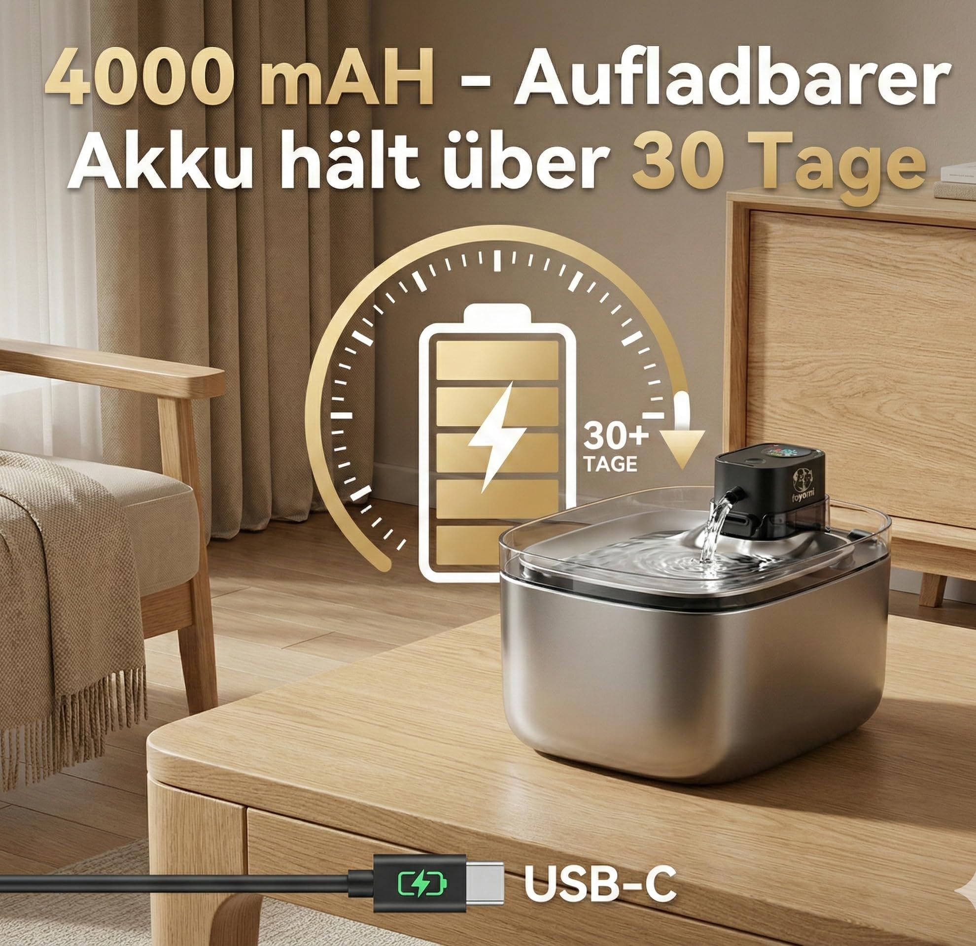 Kabelloser 5.5 L Trinkbrunnen für Katzen & Hunde aus Edelstahl – Premium Katzenbrunnen mit Bewegungssensor – 4000mAh Akku, Batteriebetrieben mit UV-Sterilisation & Ultraleise (Inkl. Filter)