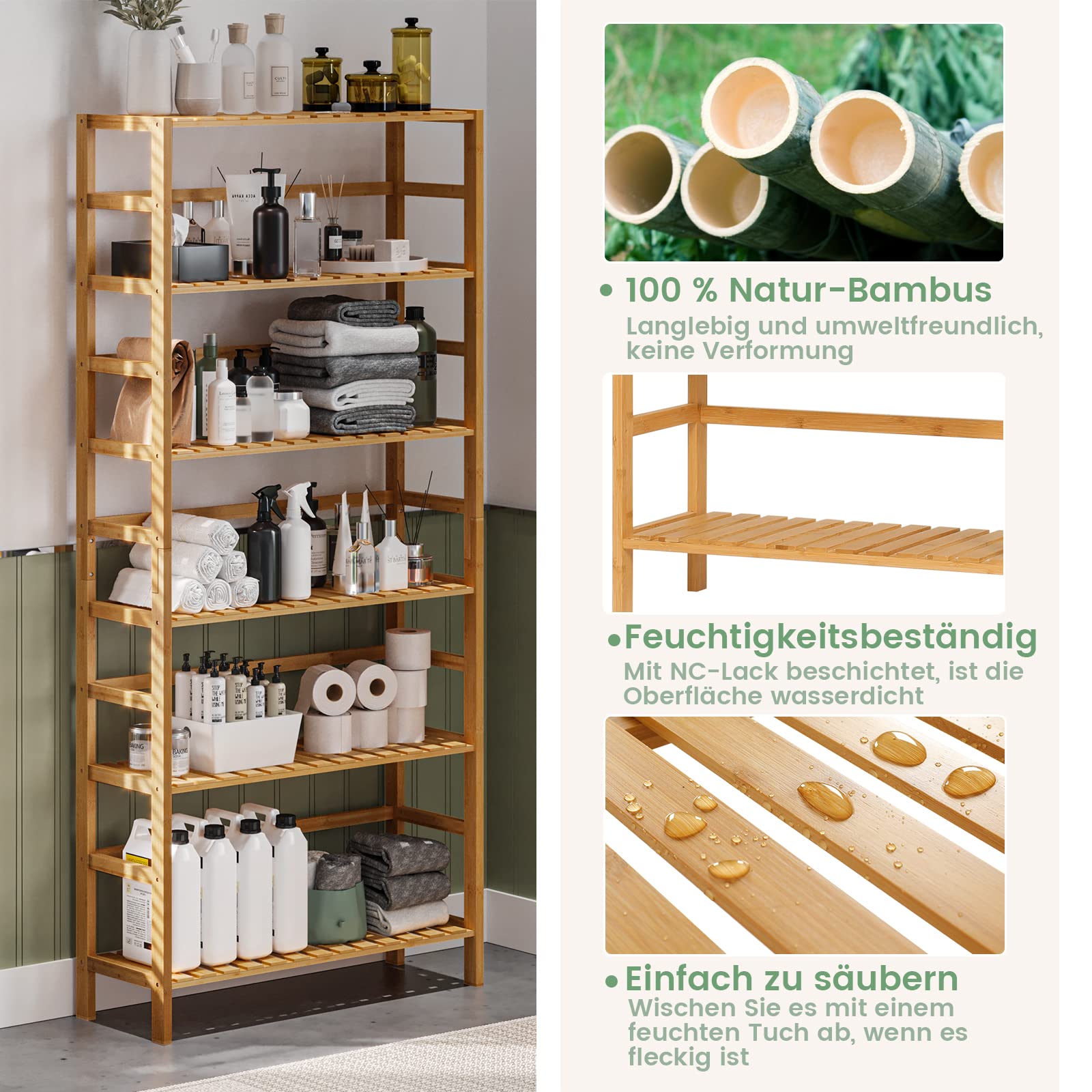 VIAGDO Bambusregal, Küchenregal, Badregal, Bücherregal, Standregal mit 6 verstellbaren Ablagen, 60 x 26 x 162 cm, für Bad, Küche, Wohnzimmer, Schlafzimmer, Balkon, Naturfarben