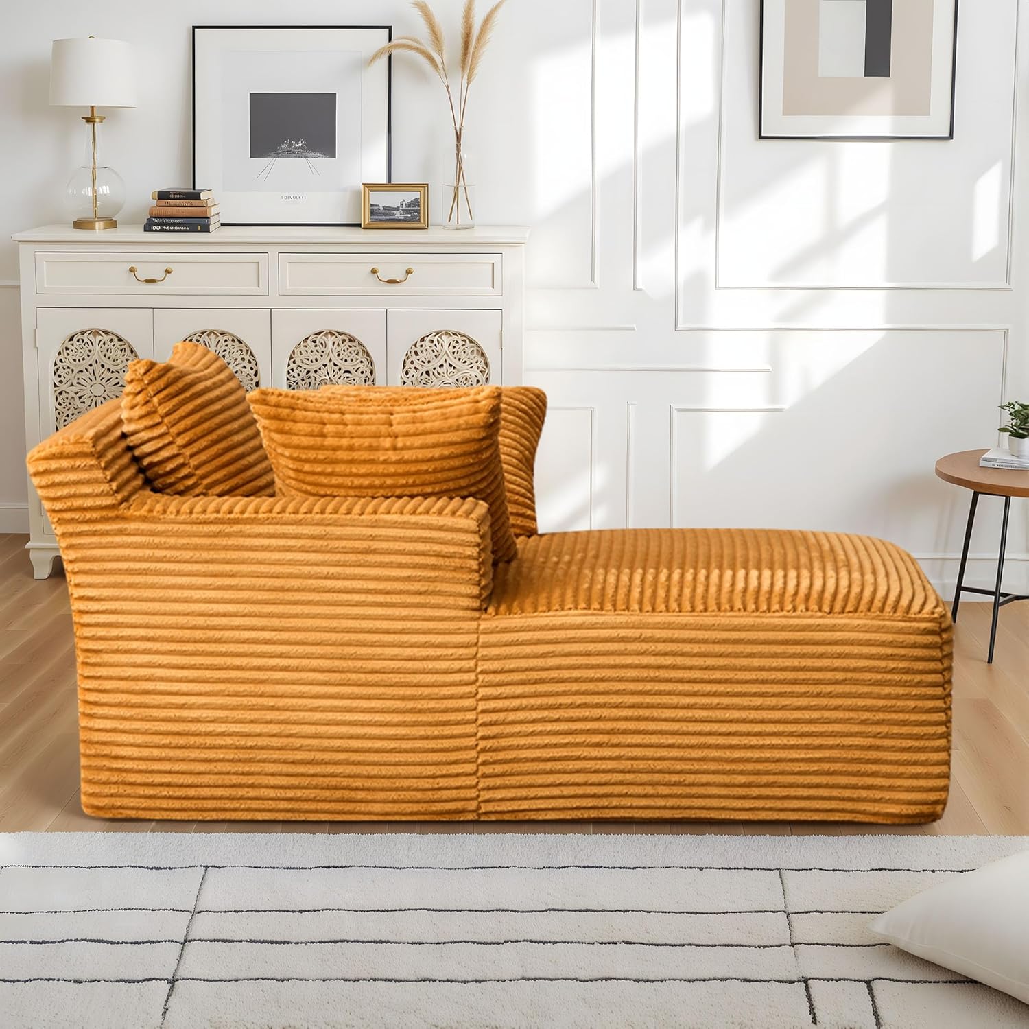 Oversized Chaise Lounge Chair - Corduroy Recliner with Deep Seat & 3 Throw Pillows, Upholstered Sleeper SofaBed for Living Room, Bedroom - Comfy Reading Chair with Armrests, No Assembly Required, Gray