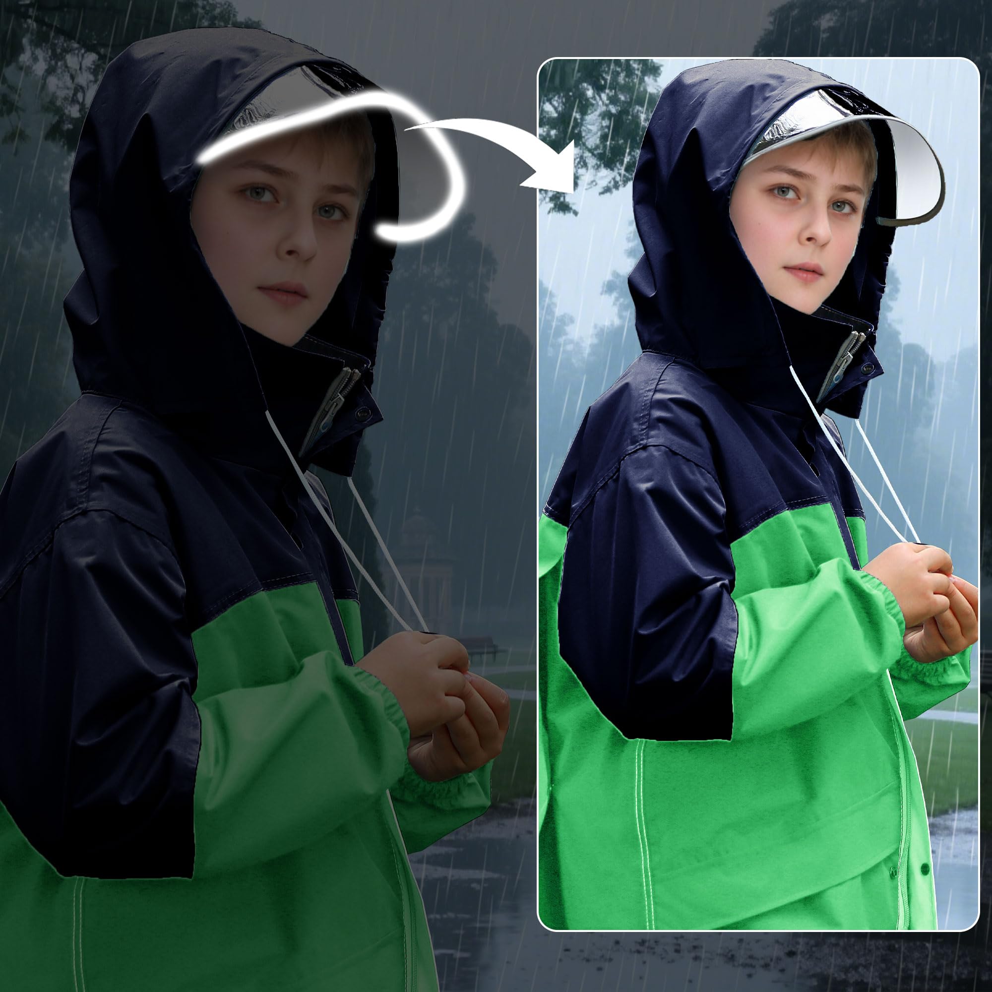Niño Chubasquero Impermeable con Capucha y Bolsa Portátil Chaqueta Lluvia & Pantalones Traje Impermeable Traje de Lluvia Conjunto Ligero Acampada Primavera Abrigos para 11-12 años, Verde