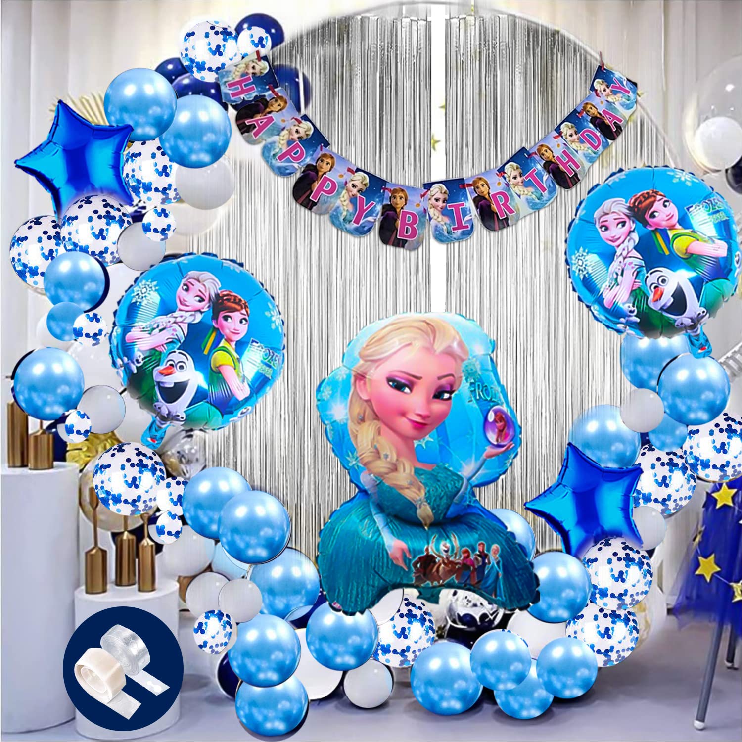 CAMARILLA Frozen Theme Birthday Decorations for Girls/ Frozen Foil Balloon /Banner, Arch,Glue Dot,Silver Fringe Curtain, Metallic Balloons/Princess Anna Elsa/Blue Theme Party Supplies(Combo of 59pcs)