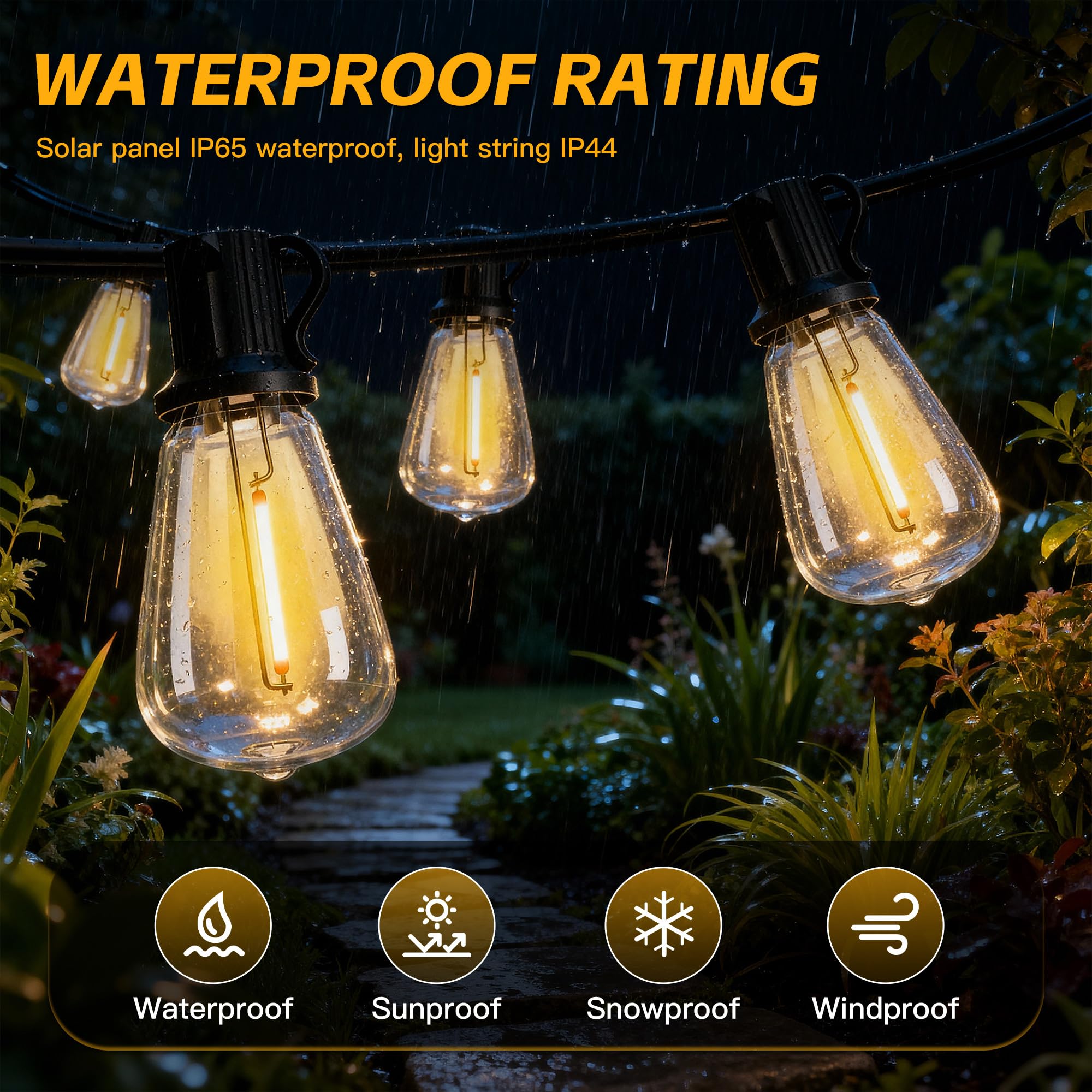 Guirnalda de luces solares para exteriores IP65, impermeable, luz de jardín USB y carga solar, con control remoto y 36 + 2 bombillas LED inastillables, 8 modos de luz, luces solares regulables