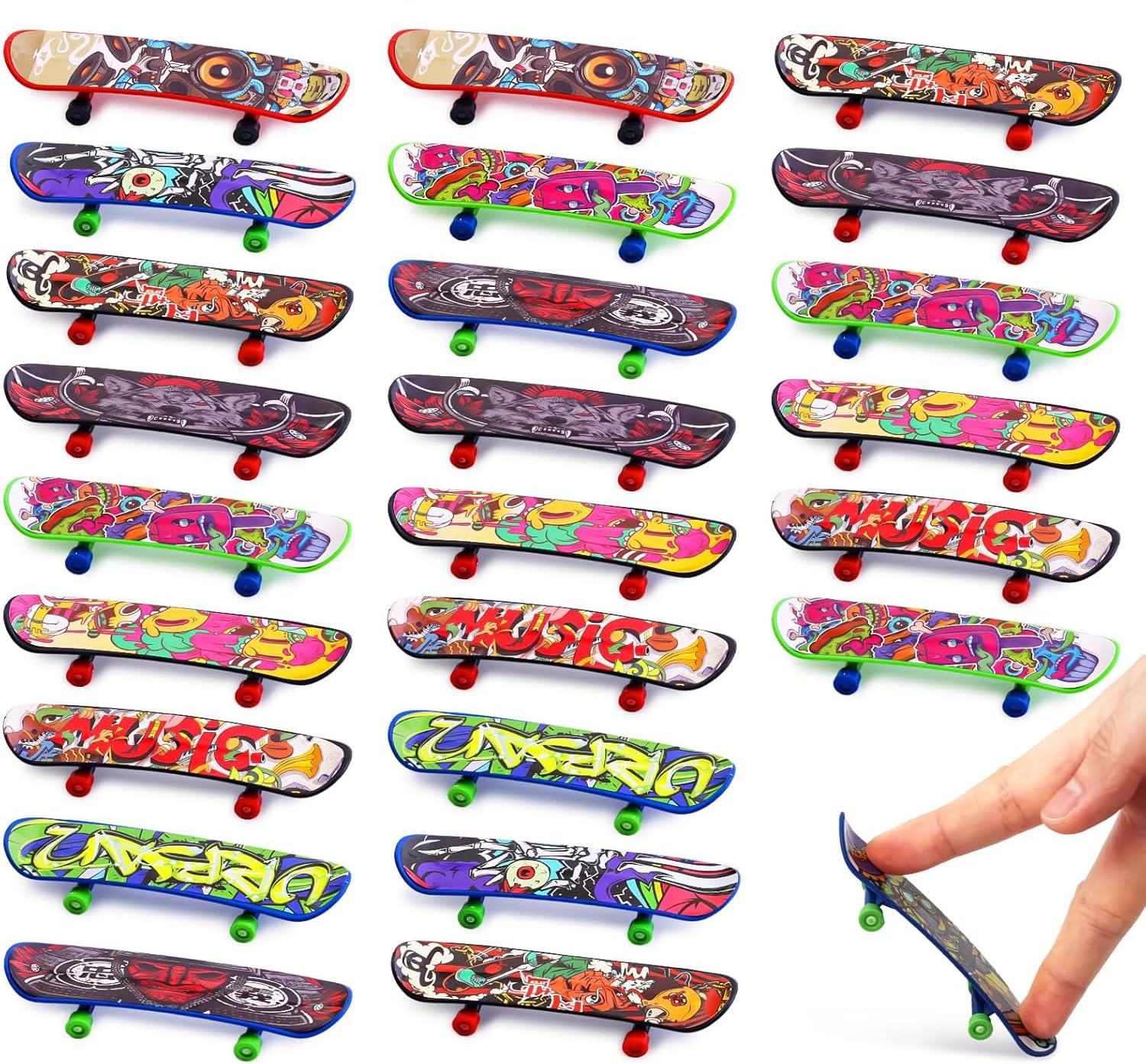 YLMYOLEMEI 24 Piezas Mini Skateboard, Finger Skateboard Set, Mini Fingerboard Mini Patineta de Juguete para Niños, Mini Monopatines para Dedos, Monopatin de Dedo para Regalo de Cumpleaños Navidad