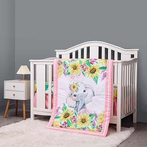 Juego de ropa de cama de cuna floral de 3 piezas para niñas, juego de ropa de cama de cuna con girasol y elefante, 1 edredón y 2 sábanas
