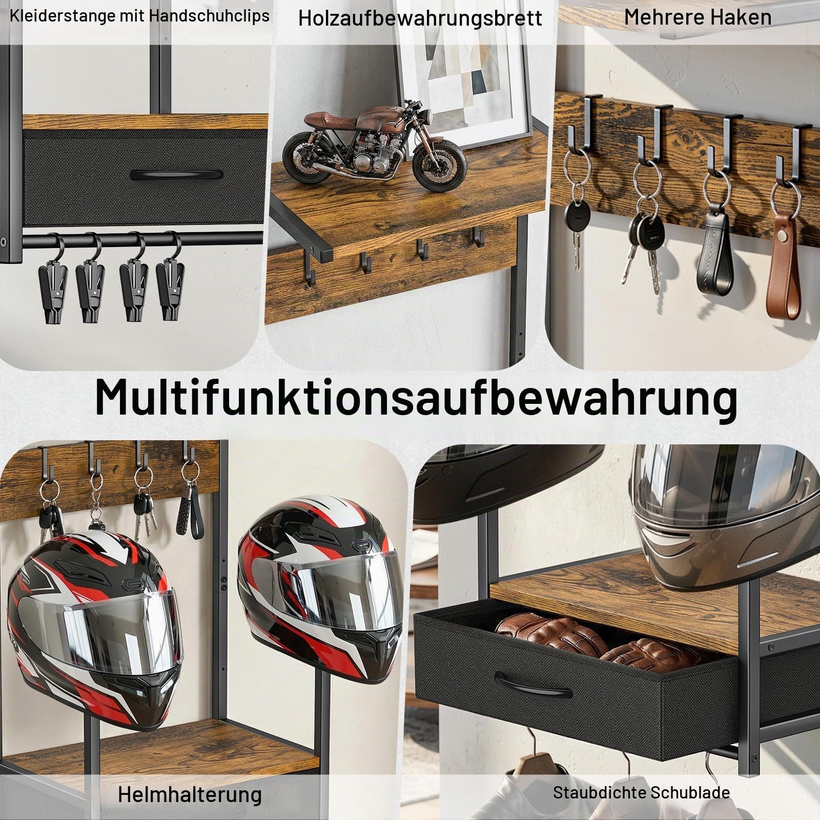 Housolution Motorradhelm Wandhalterung mit Stoffschublade | 4 Handschuhchips und 4 Haken für Reitanzüge & Zubehör, Helmständer Display für Fahrrad-, Baseball- und Rugbyhelme