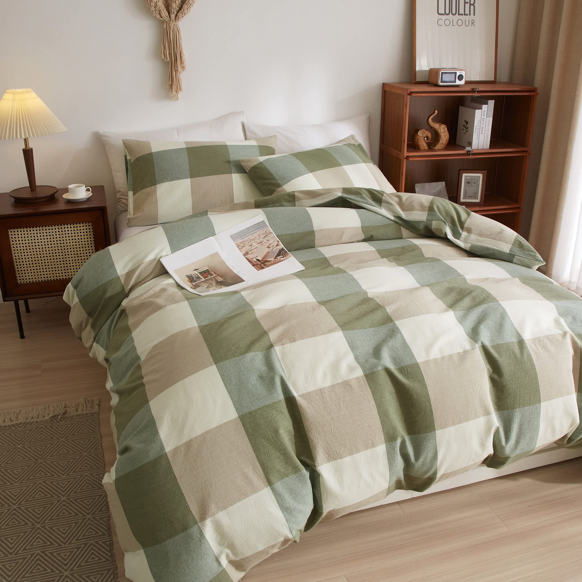 Set copripiumino king size, in cotone lavato, a quadri verde, con chiusura a cerniera e lacci angolari, biancheria da letto moderna a quadri buffalo, facile da curare, morbida - senza inserto