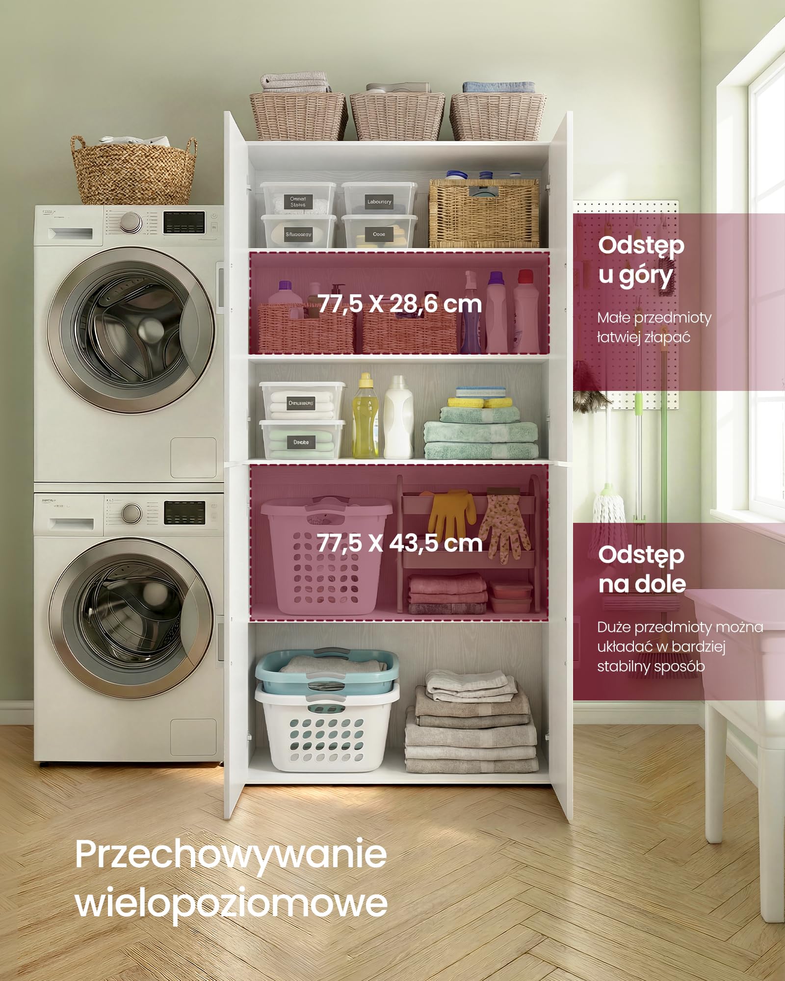 SONGMICS OFC083WE01 szafa wielofunkcyjna, z 4 drzwiami, 5 półek, szafa do przechowywania, szafa na ubrania, z uchwytami, drewniana płyta wiórowa, 80 x 40 x 180 cm, śnieżnobiała