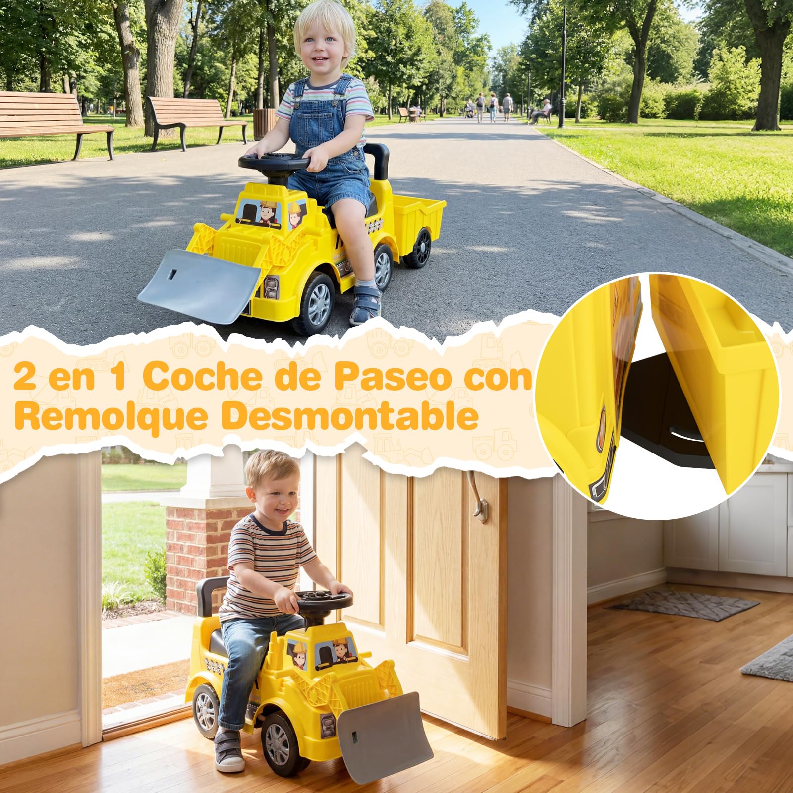 COSTWAY Coche Correpasillos para Niños, Excavadora de Nieve de Paseo Infantil con Remolque y Pala, Almacenamiento Oculto, Música, Bocina, Excavadora Correpasillos para Niños de 19-36 Meses(Estilo 2)