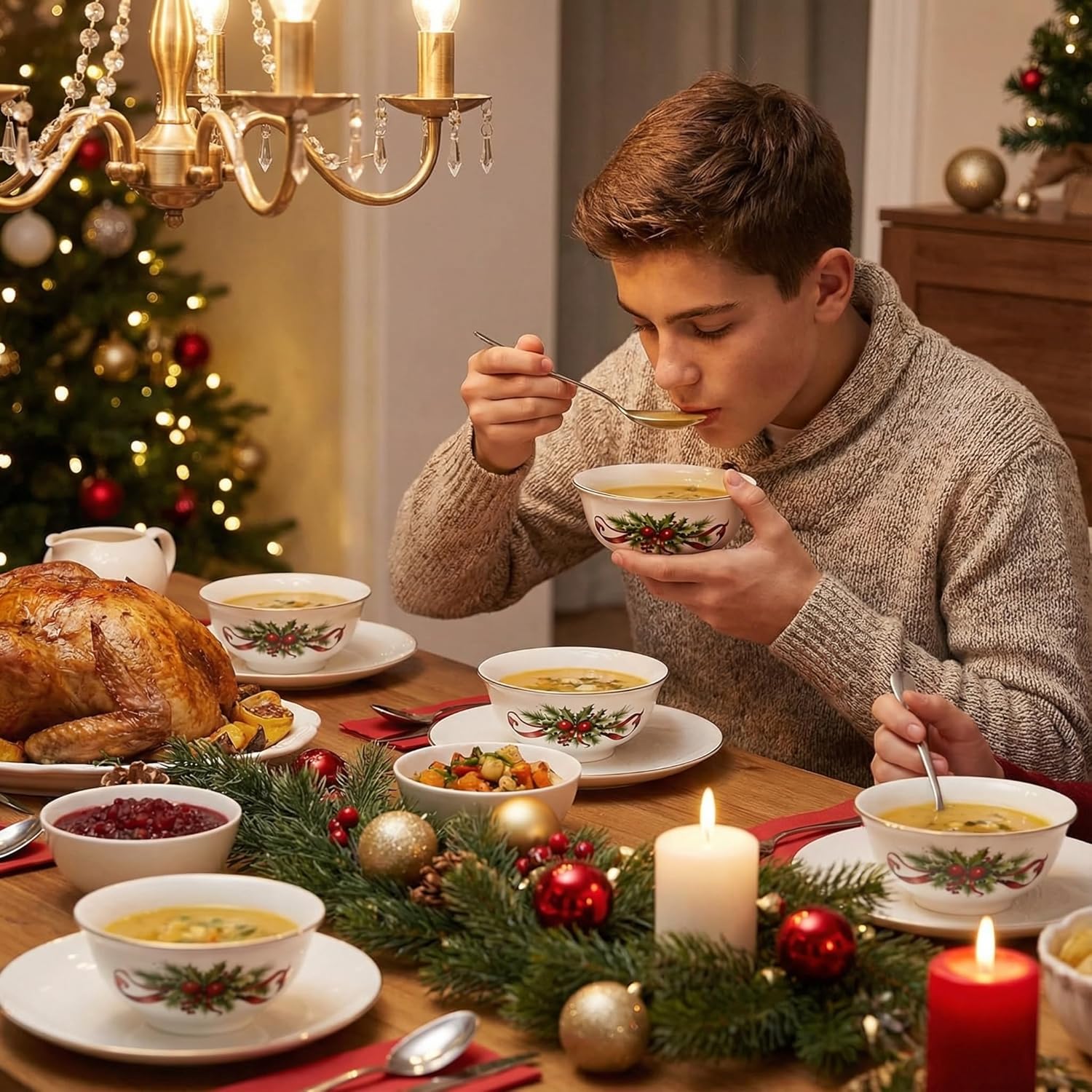 6 Set Christmas Ceramic Bowl 9.5 oz Small Serving Bowls Holiday Dinnerware for Soups Desserts Snacks Cereal Rice Dips (Holly Berries)