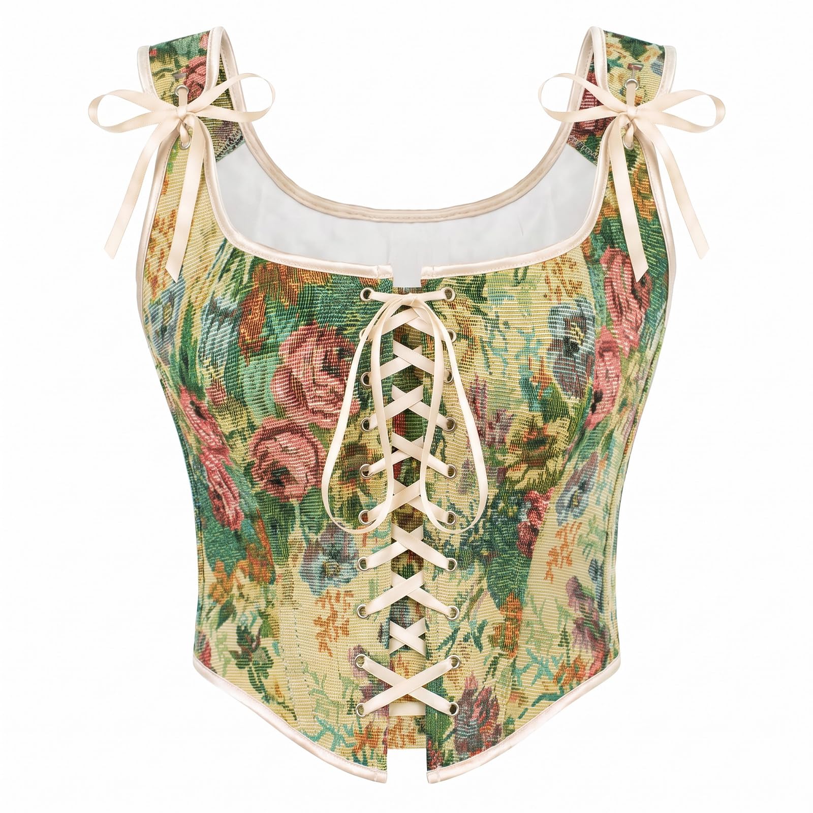SCARLET DARKNESS Corset Tops For Women Renaissance Lace Up Floral Overbust Boned Bustier Bodice, Beige Butterfly, 14
