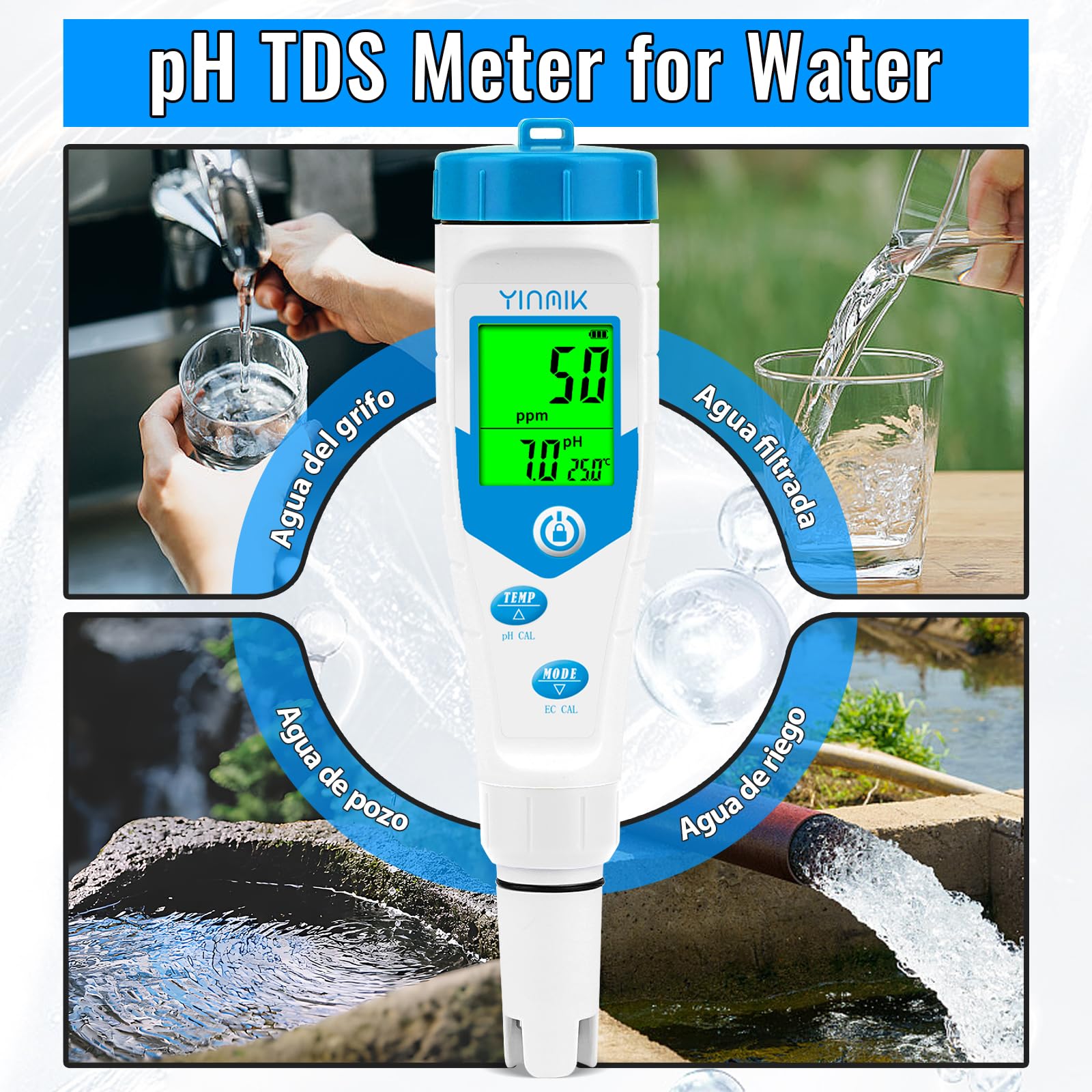 YINMIK Piscinas Medidor de Salinidad Digital 5 en 1 | Medidor de pH TDS EC Sal con Solución Calibración pH Visualización Simultánea de Sal y pH para Piscina Acuarios Hidroponía