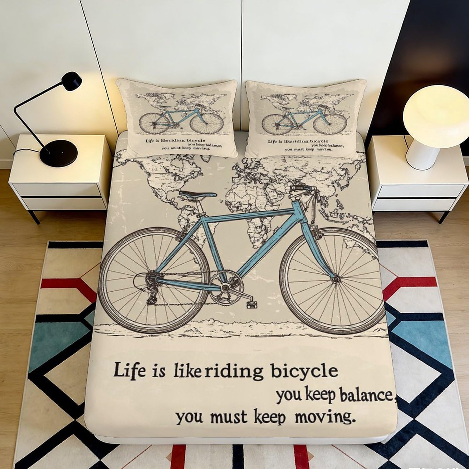3D Printed World Map Bicycle Fitted Sheet Microfiber Anti-Slip Bedroom Decor, Easy Care Mattress Cover for Home Guestroom 90x200x25cm