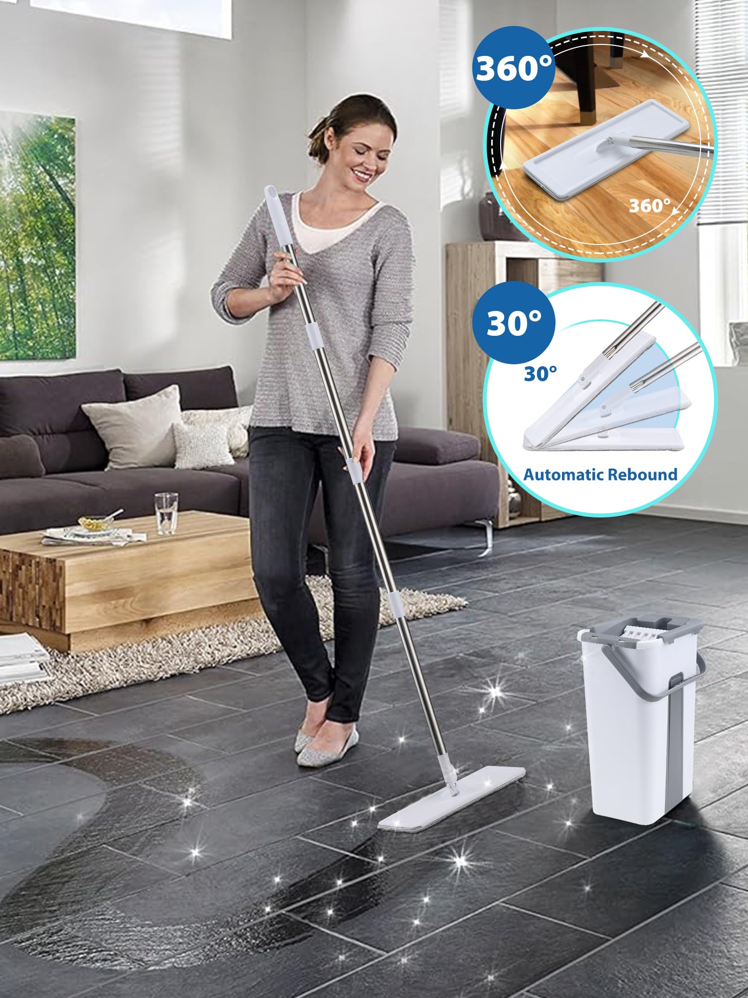 Trapeador y cubo con juego de escurridor, fregona plana y cubo para limpieza de suelos del hogar, manos libres, 3 fregonas