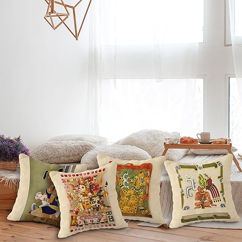 Miniatura 4 de (RB) - Juego de 4 fundas de almohada de 18 x 18 pulgadas, decoración de estilo maya, regalo de amante maya, decoración de estilo azteca maya,