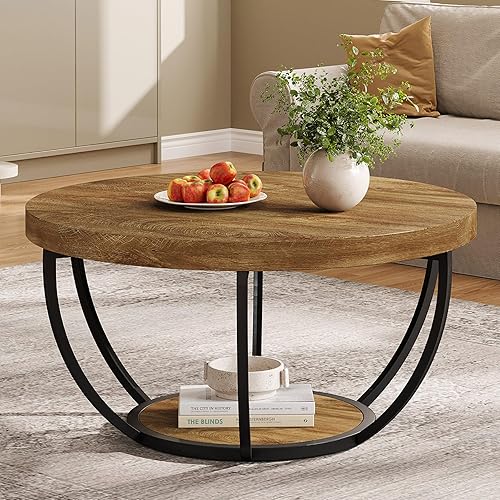 Miniatura 14 de Tribesigns Mesa de centro redonda, 31.7 pulgadas, mesa de centro circular de madera de 2 niveles con estantes de almacenamiento, mesa central de
