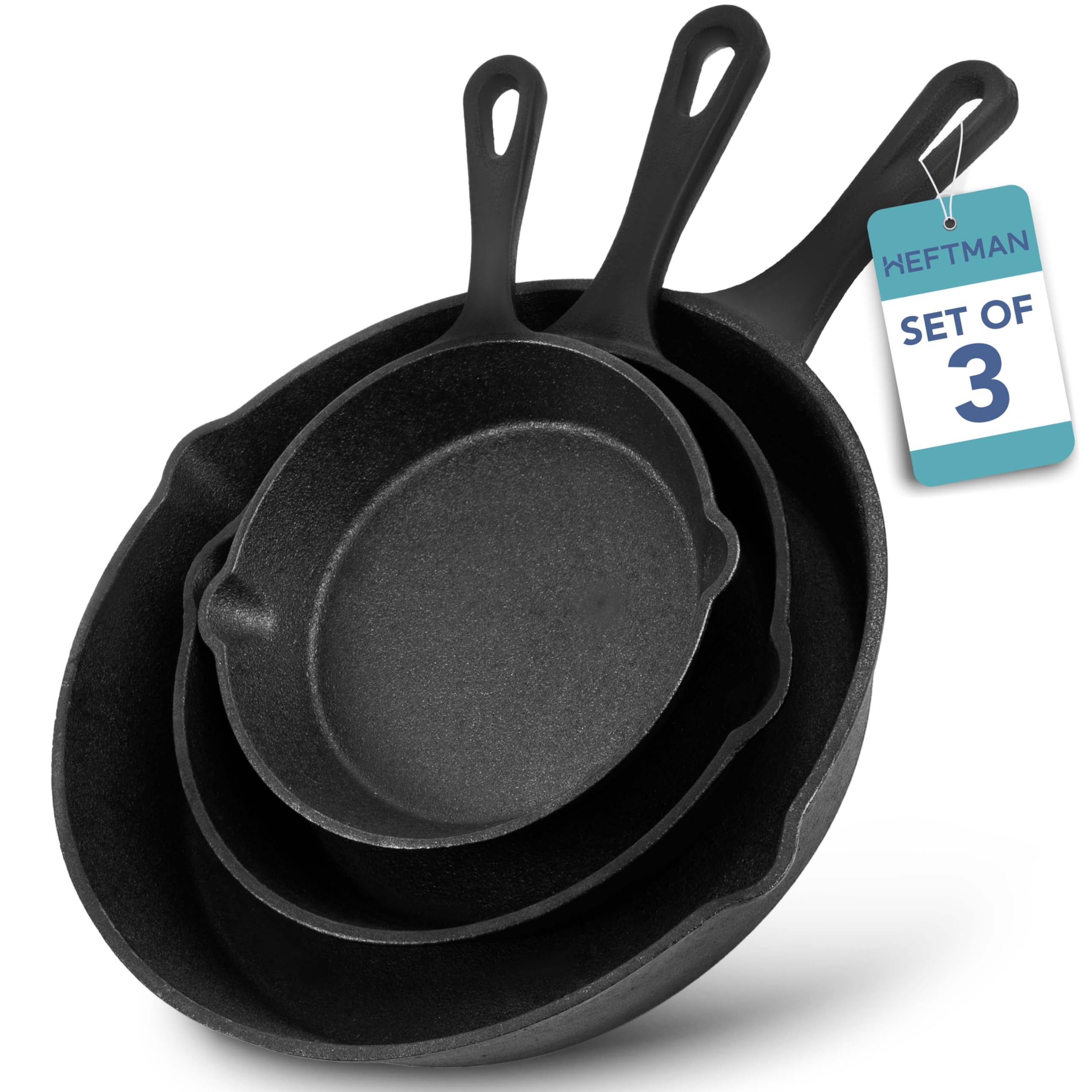 Cast Iron Skillet Set of 3 - Pre-Seasoned Non-Stick Frying Pans (6, 8, 10 Inch) - Oven Safe Induction Skillet Pan for All Hob Types, Grill, Stove