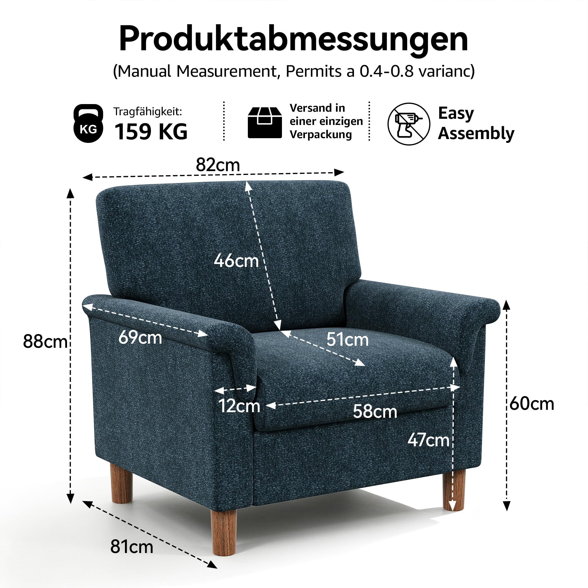 Vipbear Sessel Wohnzimmer, Modern Ohrensessel aus Chenille, Gepolsterter loungesessel, Gemütlicher Lesesessel für Schlafzimmer mit Armlehnen, Einzelsessel & Ecksessel, Einfache Montage, Blau
