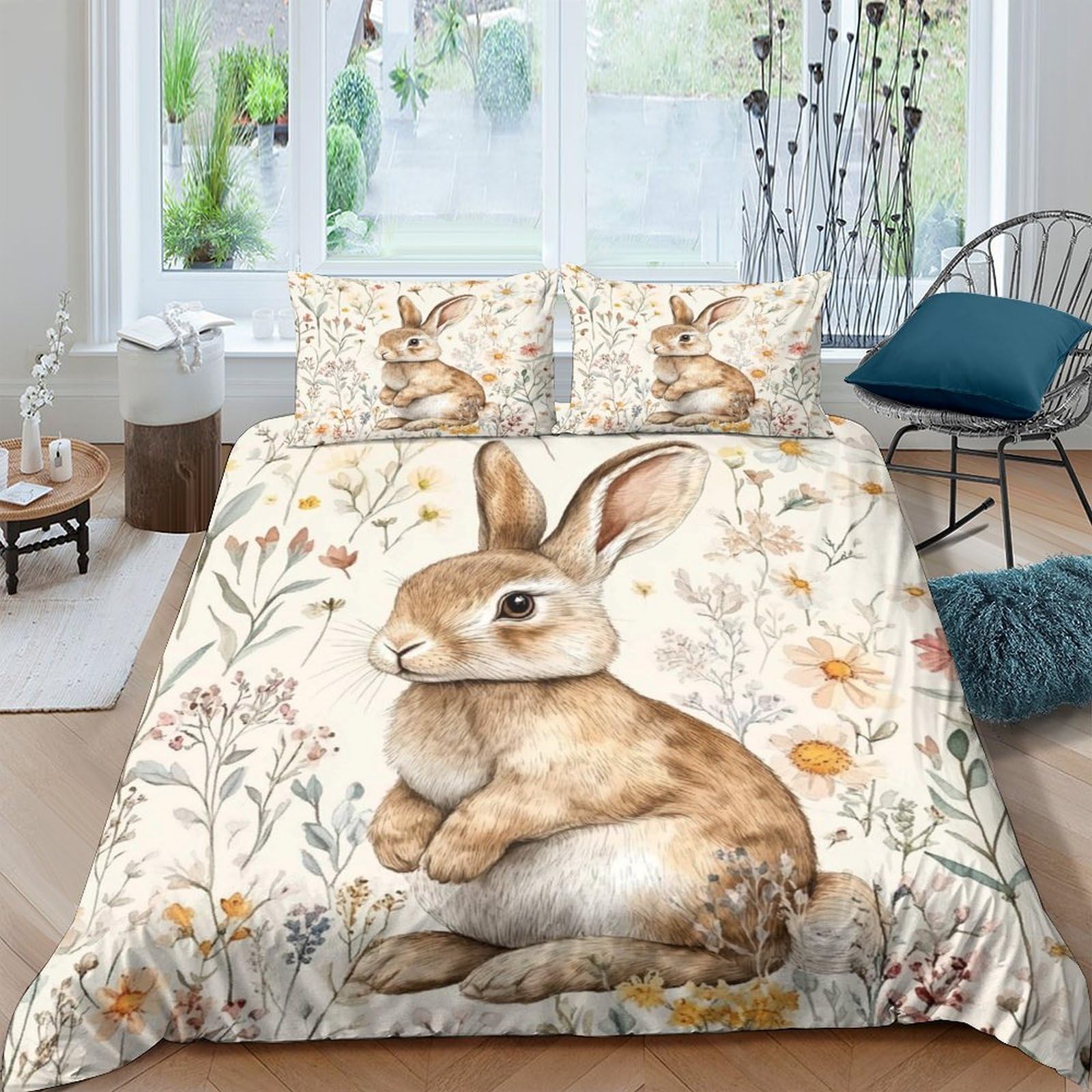 Ctjqhvkz Style-3 3D Printed Bunny Meadow Fitted Sheet Microfiber Soft Breathable Floral Rabbit Mattress Cover For Bedroom Guest Room Decor Single（135X200cm）