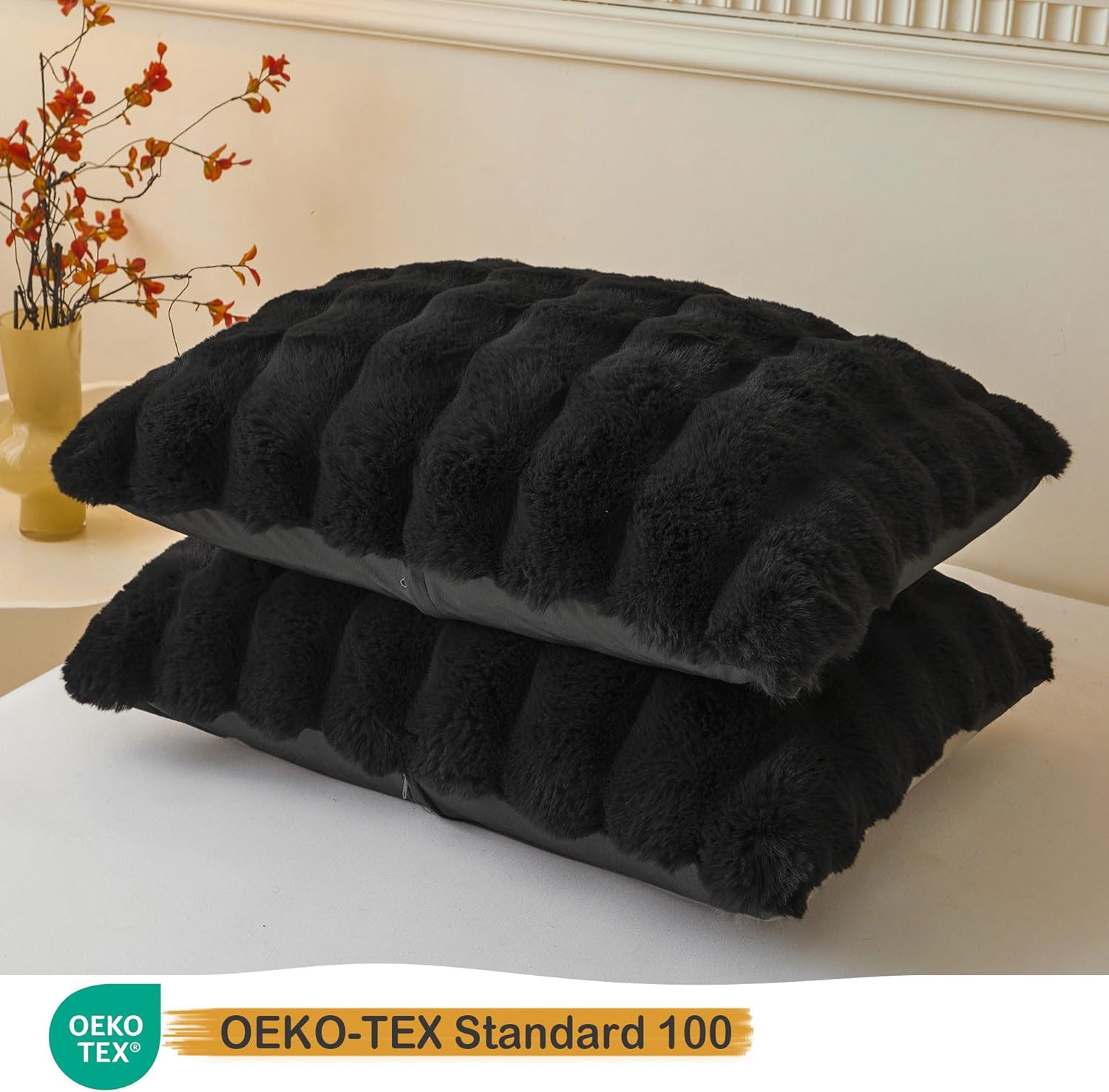 LIFEREVO 2 Pack Fluffy Faux Rabbit Fur Pillow Cases, Luxury Soft Plush Shaggy Bubble Pillowcases Standard Size with Zipper Closure, Furry Fuzzy Long Pillow Shams for Bedroom Living Room 20x26, Black - Image 3