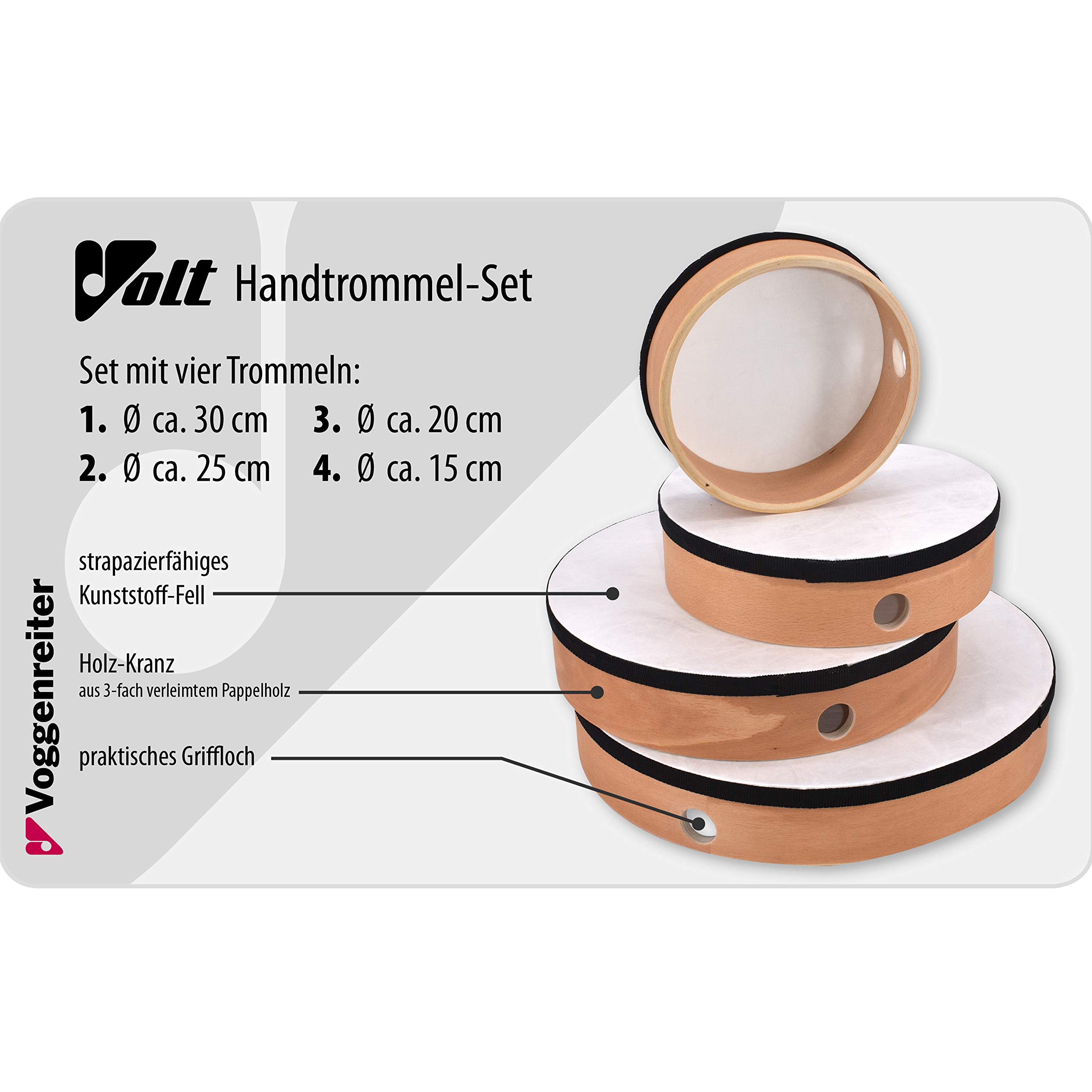 Juego de tambor de mano (4 piezas, instrumentos musicales de madera, diámetro: 15, 20, 25, 30 cm, robusto diseño laminado, instrumento musical a partir de 10 años), color marrón