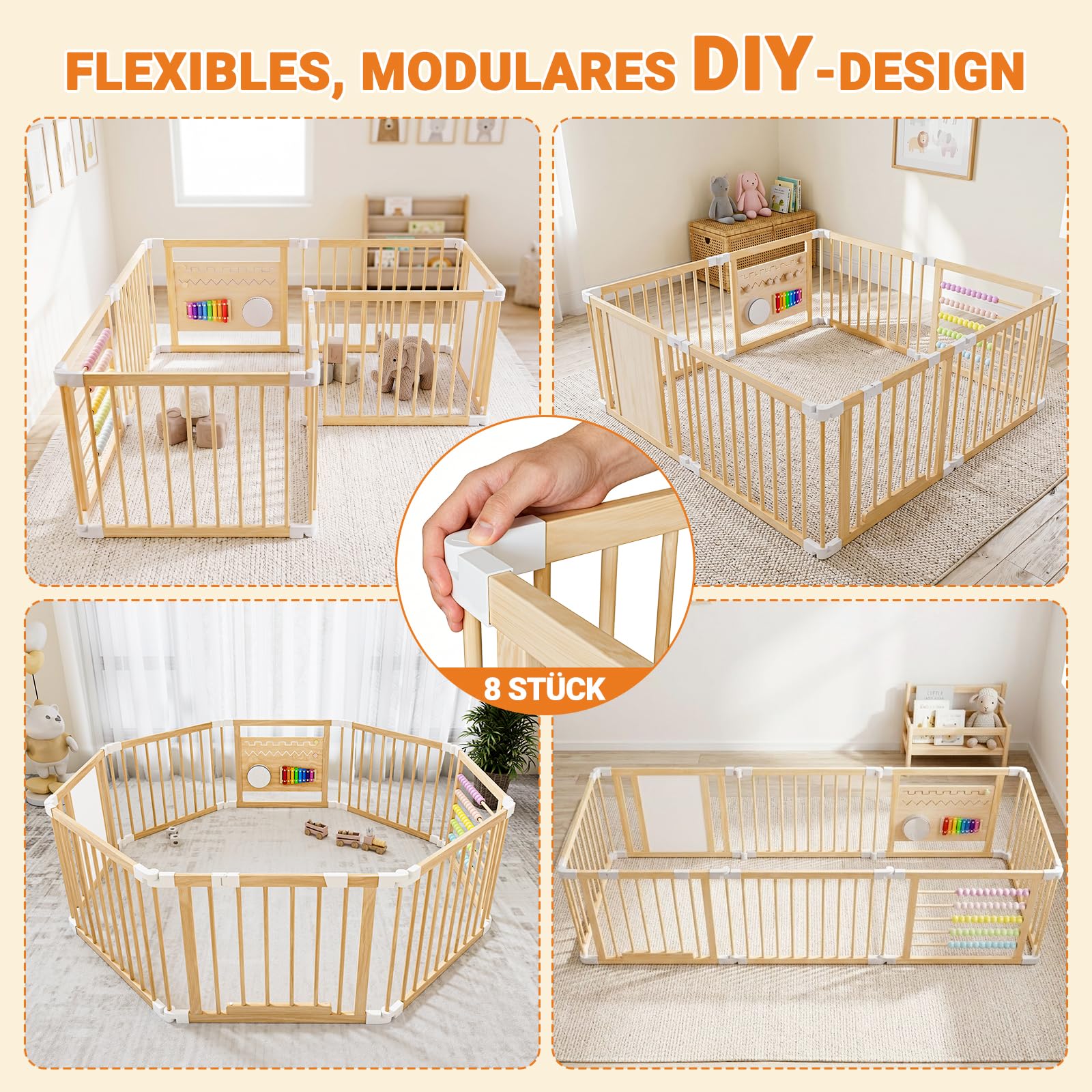 Parc Bébé Modulable en Bois 160 x 160 cm avec Porte | Parc pliable et réglable en taille et forme, aire de jeu stable pour la maison, idéale pour bébés et jeunes enfants
