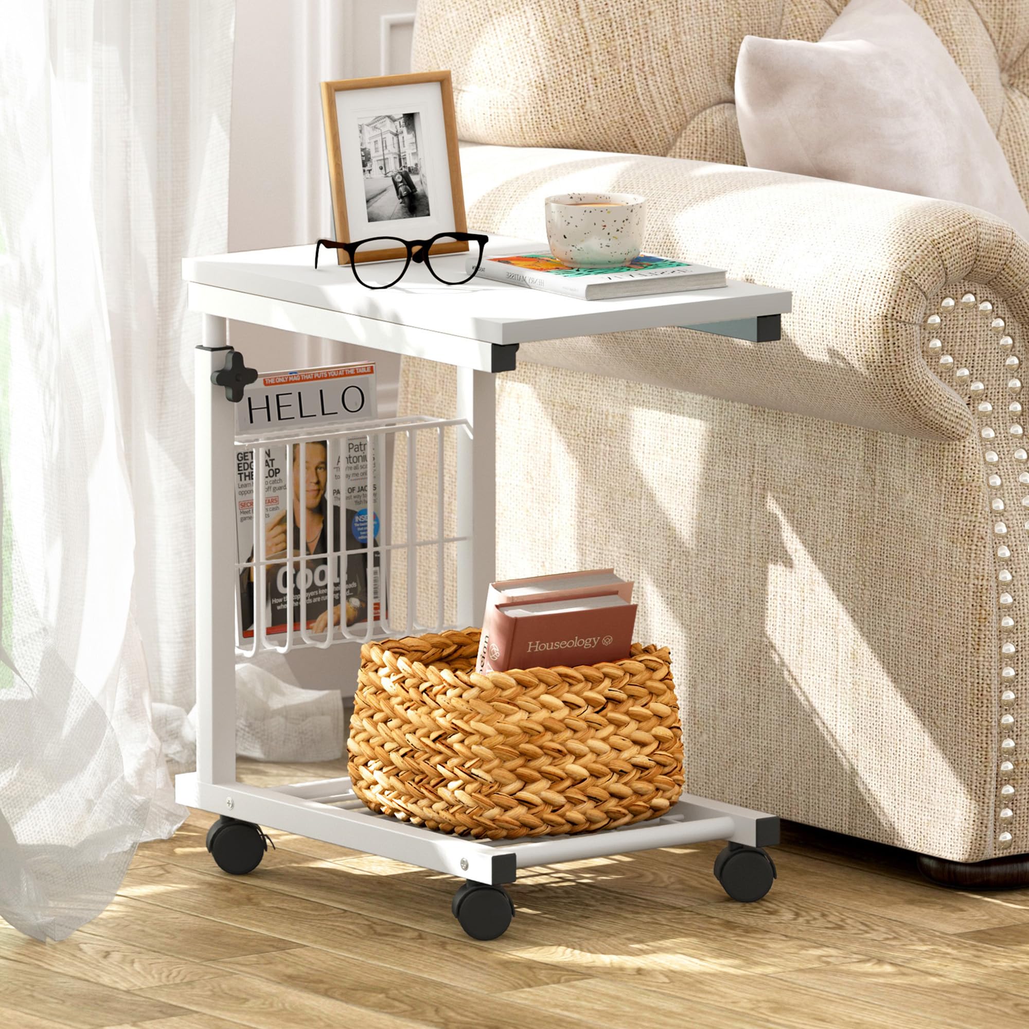 Mesas auxiliares para el salón, mesa auxiliar de altura regulable, mesa para ordenador portátil con ruedas, estantería y espacio de almacenamiento (blanco, 48 x 30 x 56-76 cm)