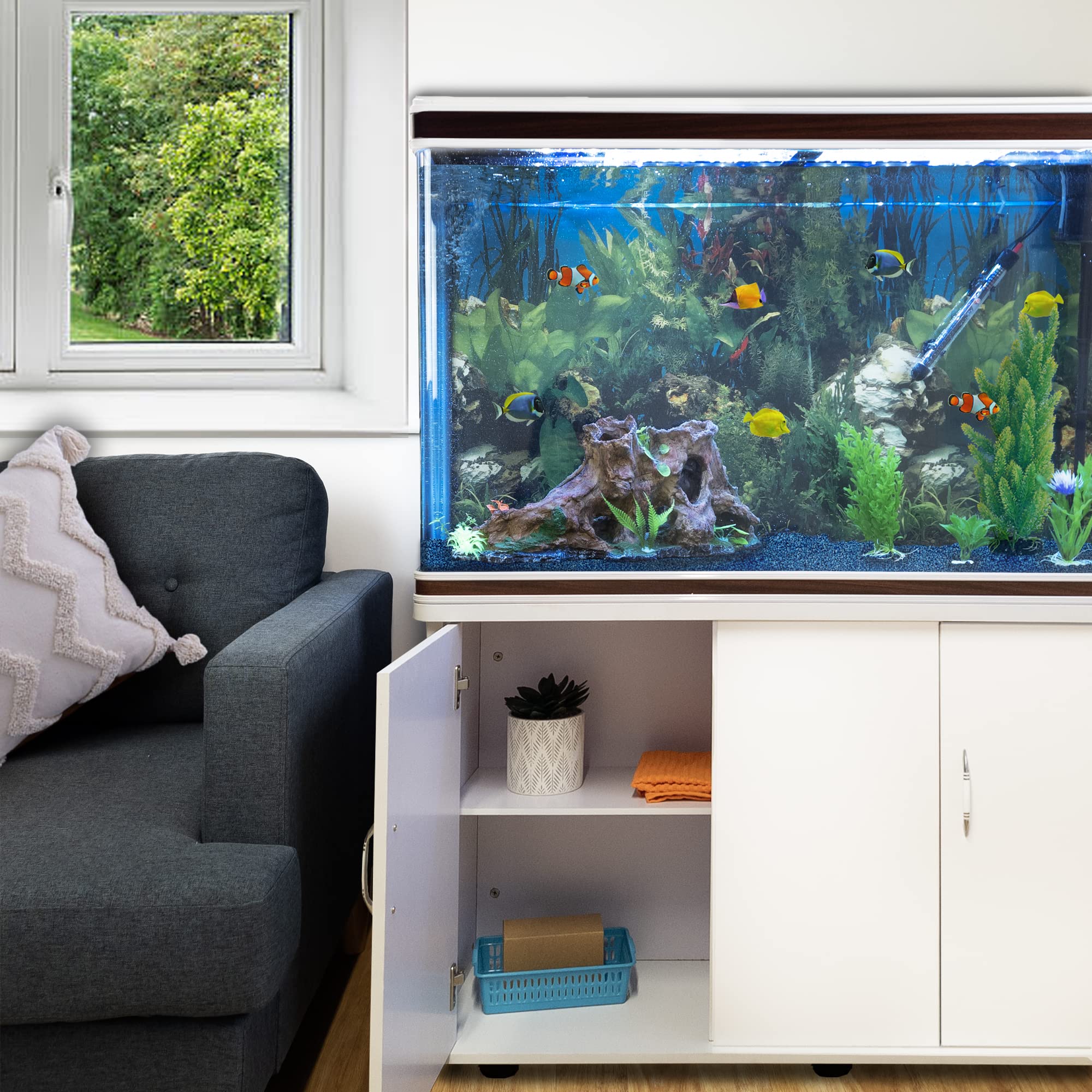 Akwarium Kompletne 300 litrów na białym meblu z diodami LED [pompa, filtry, rośliny i akcesoria w zestawie] Akwarium Ryby - Dekoracyjny niebieski żwir Wymiary 120,5 x 39 cm i wysokość 143 cm