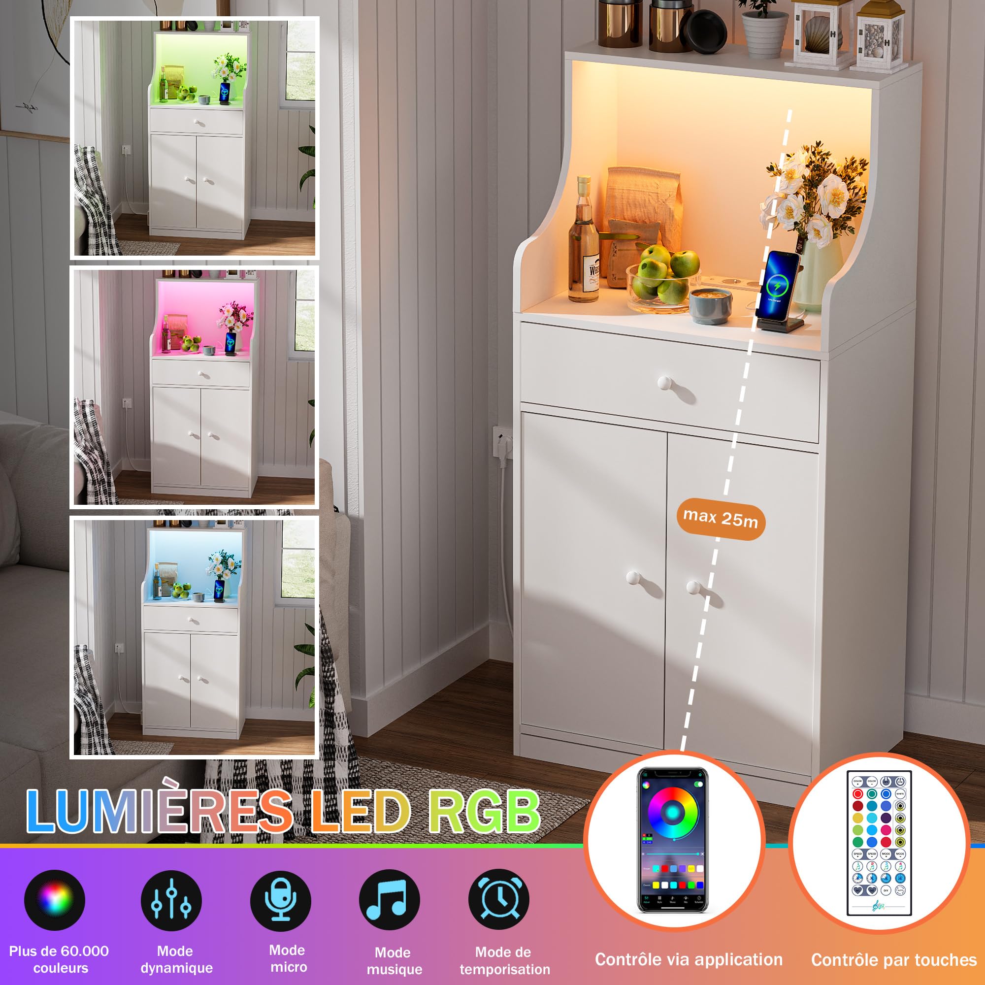 Meuble Micro-Ondes Buffet avec Prise Armoire de Cuisine avec 1 tiroir 1 Grand Casier et Bandeau Lumineux LED Meuble Buffet 60x40x123cm pour Salle à Manger, Cuisine, Salon Blanc