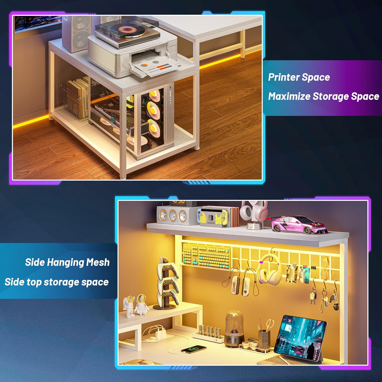 DurayLoly desk showing printer space and side mesh panel for storage
