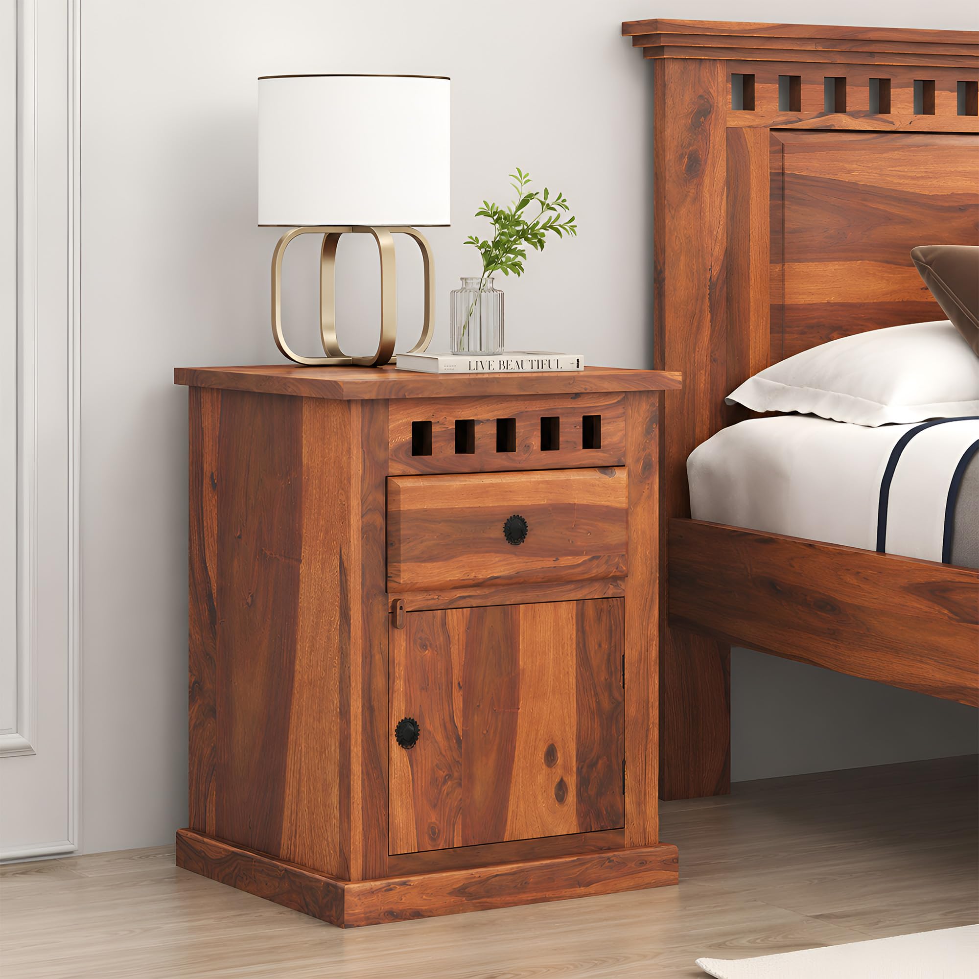 SONA ART & CRAFTS Solid Sheesham Wood Bedside Table with Drawer | Teak Finish End Table & Nightstand | Bedroom & Living Room Furniture | Bedside Corner Table-image-1