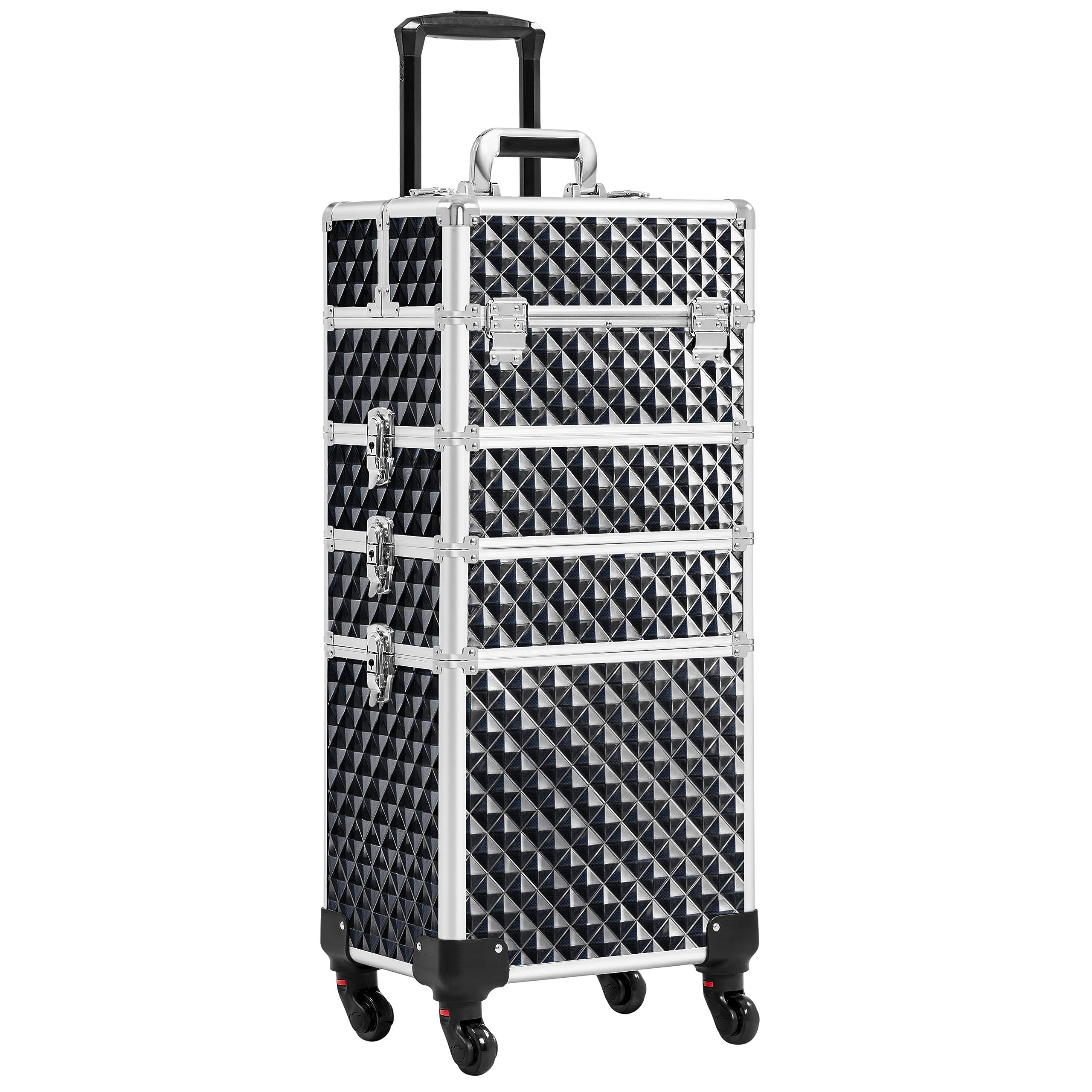 Yaheetech 4-in-1 Kosmetikkoffer, Trolley Schminkkoffer, Großer Make up Koffer, Abschließbar Multikoffer Friseurkoffer Beauty Case mit Rollen und Schublade, Glitzer Schwarz
