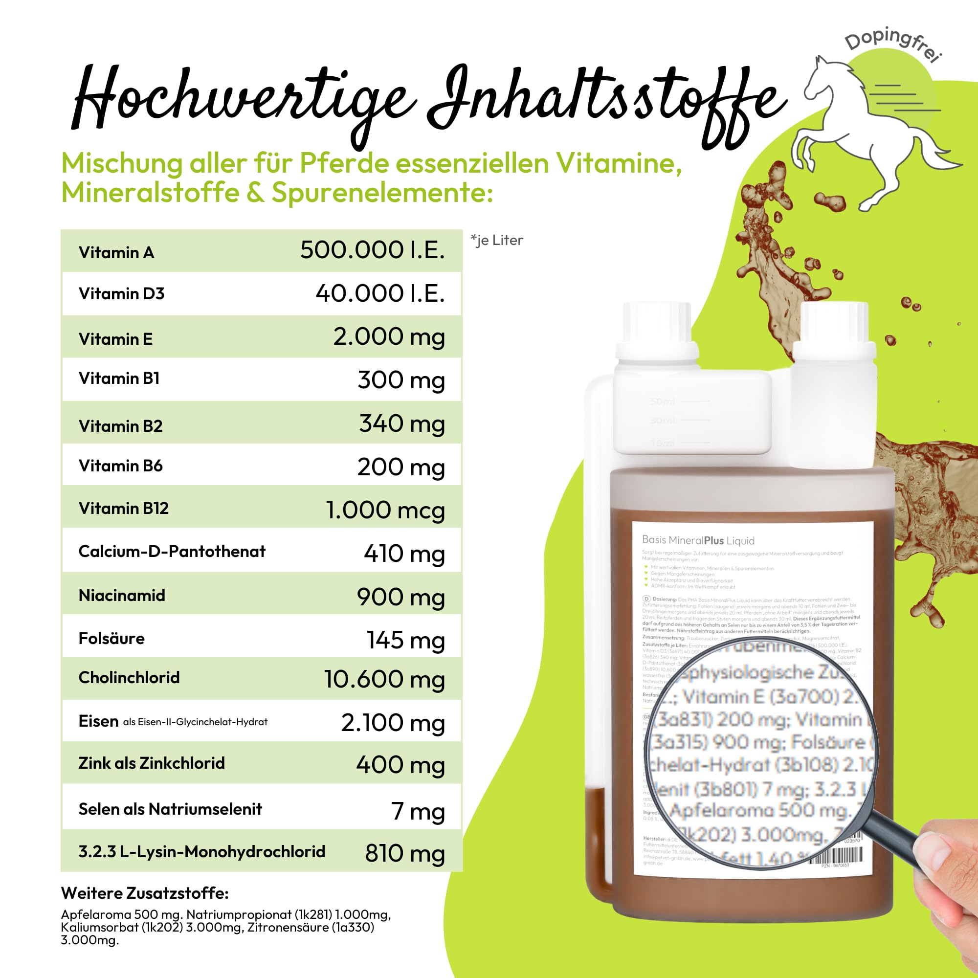 PHA Basis MineralPlus Liquido per Cavalli, vitamine e minerali preziosi per Zoccoli, Muscoli e Sistema immunitario, per Le Esigenze quotidiane di nutrienti, 1 l