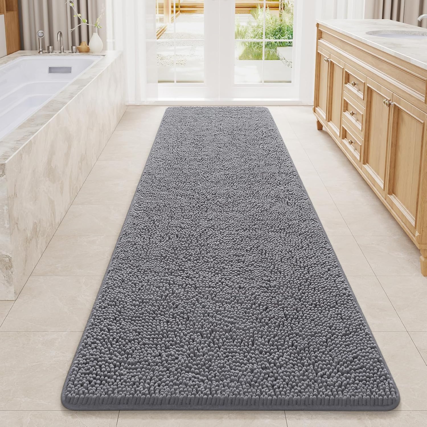 LOCHAS Luxury Bathroom Rug Shaggy Bath Mat 24 x 80 Inch, Washable Non Slip Bath Rugs for Bathroom Shower, Soft Plush Chenille Absorbent Carpets Mats, Grey Grey 2' x 6'8" (24''x80'')