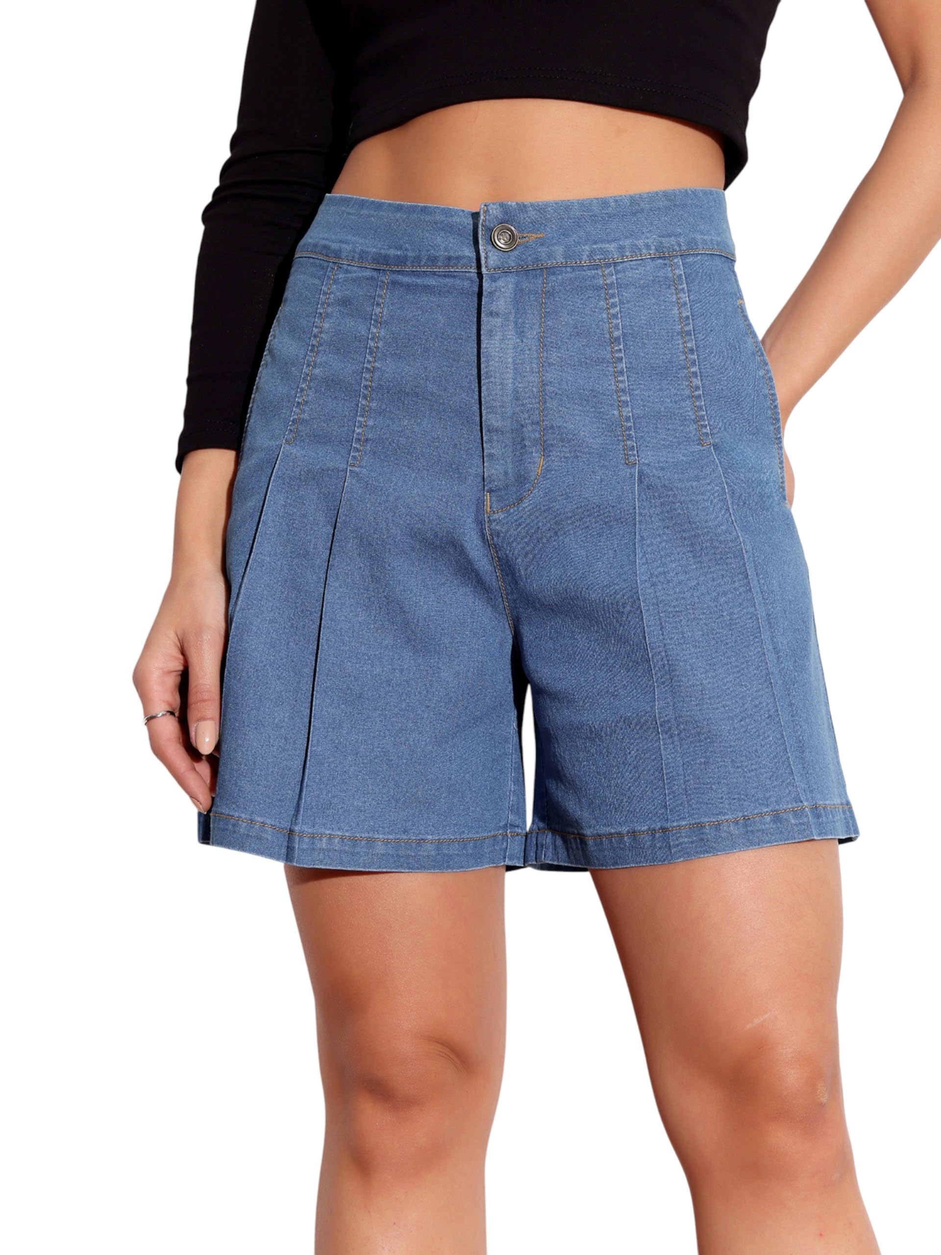 miss chase Women's Relaxed Fit Mid Rise Highly Distressed Regular-Length Denim Shorts-picture-28