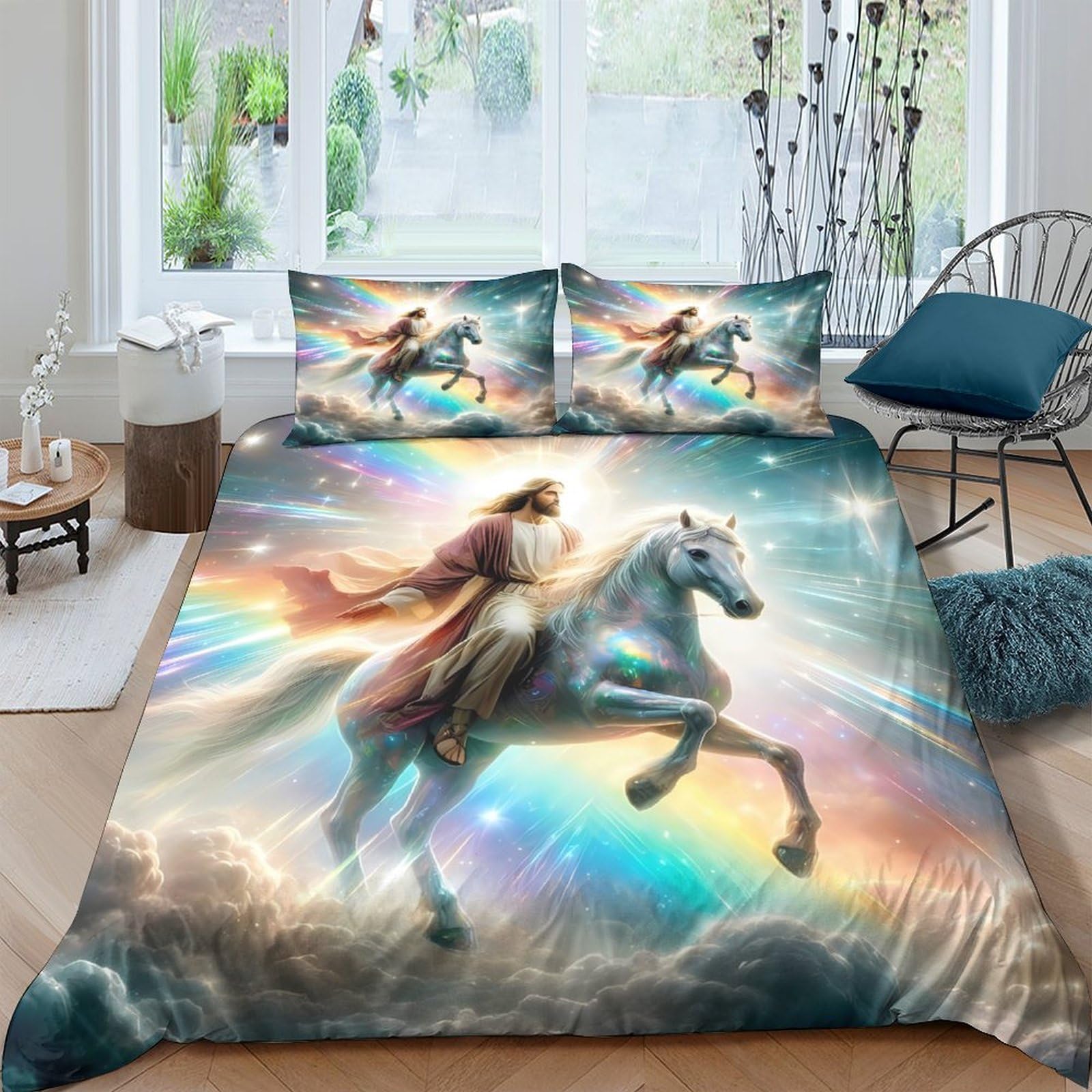 Ctjqhvkz Style-10 3D Printed Fantasy Horse Fitted Sheet Microfiber Soft Breathable Rainbow Sky Mattress Cover For Bedroom Decor Single（135X200cm）