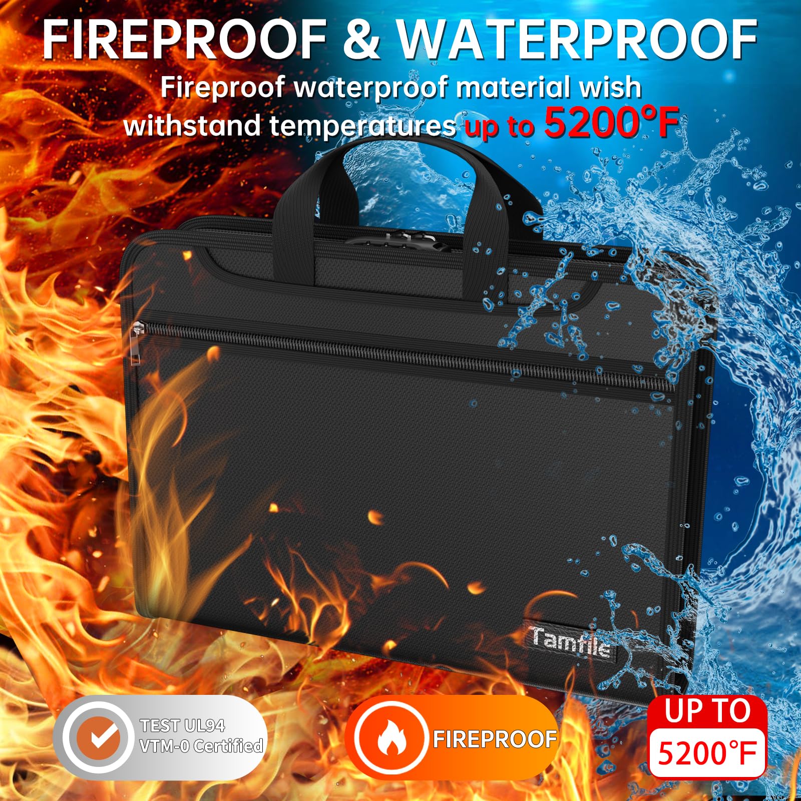 Tamfile Feuerfeste Dokumentenmappe mit Schloss, 13 Klar Fächern Fächermappe | Wasserfest, Aktenordner Sortiermappe mit Griffen, Erweiterbar Ordnungsmappe Mappe, für Büro, Hause, Schule, Schwarz