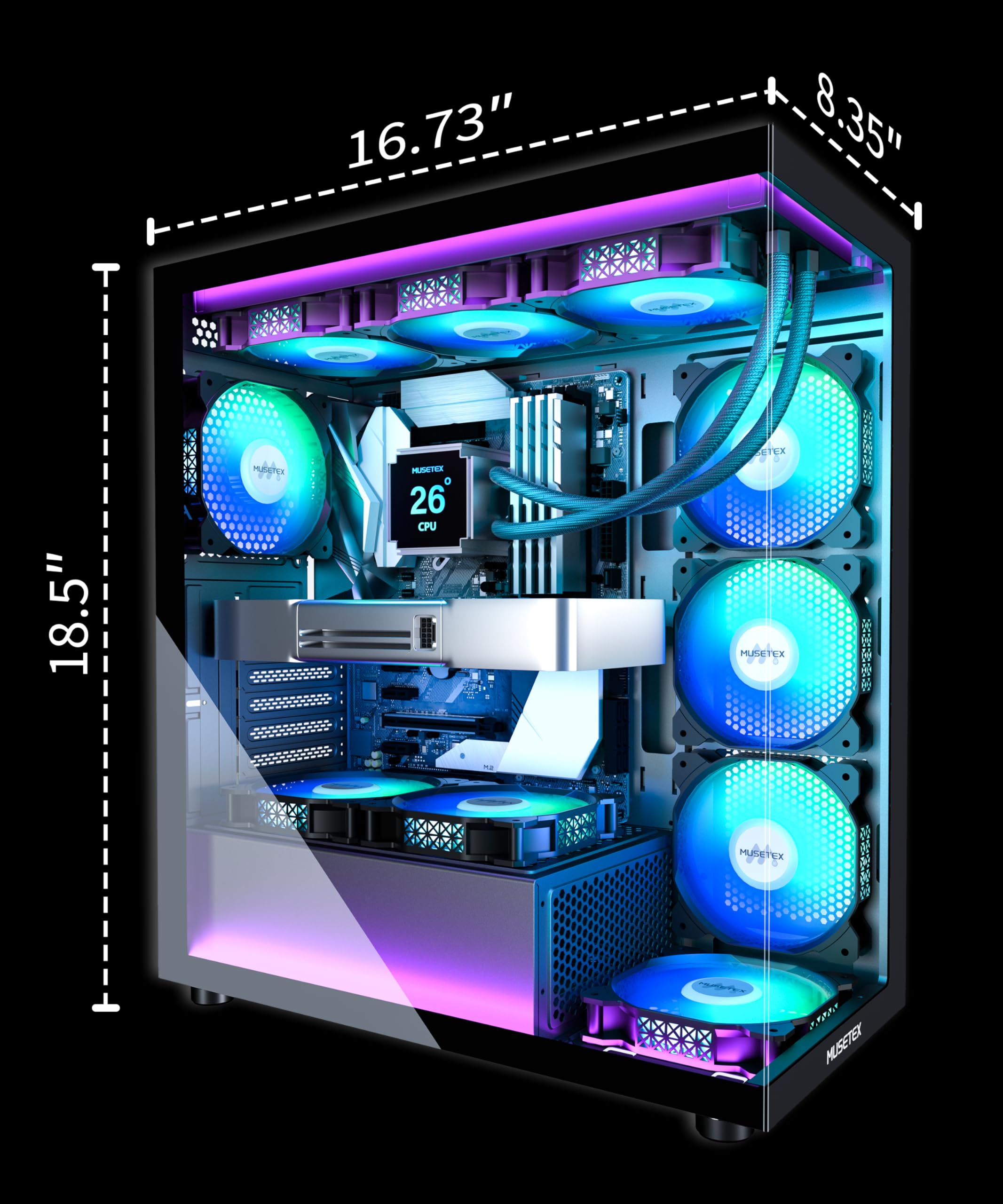 MUSETEX ATX PC Case 7 PWM ARGB Ventole preinstallate, Type-C Mid Tower case per computer con doppia vista in vetro temperato full-view, custodia per PC da gioco, nero (YK2)