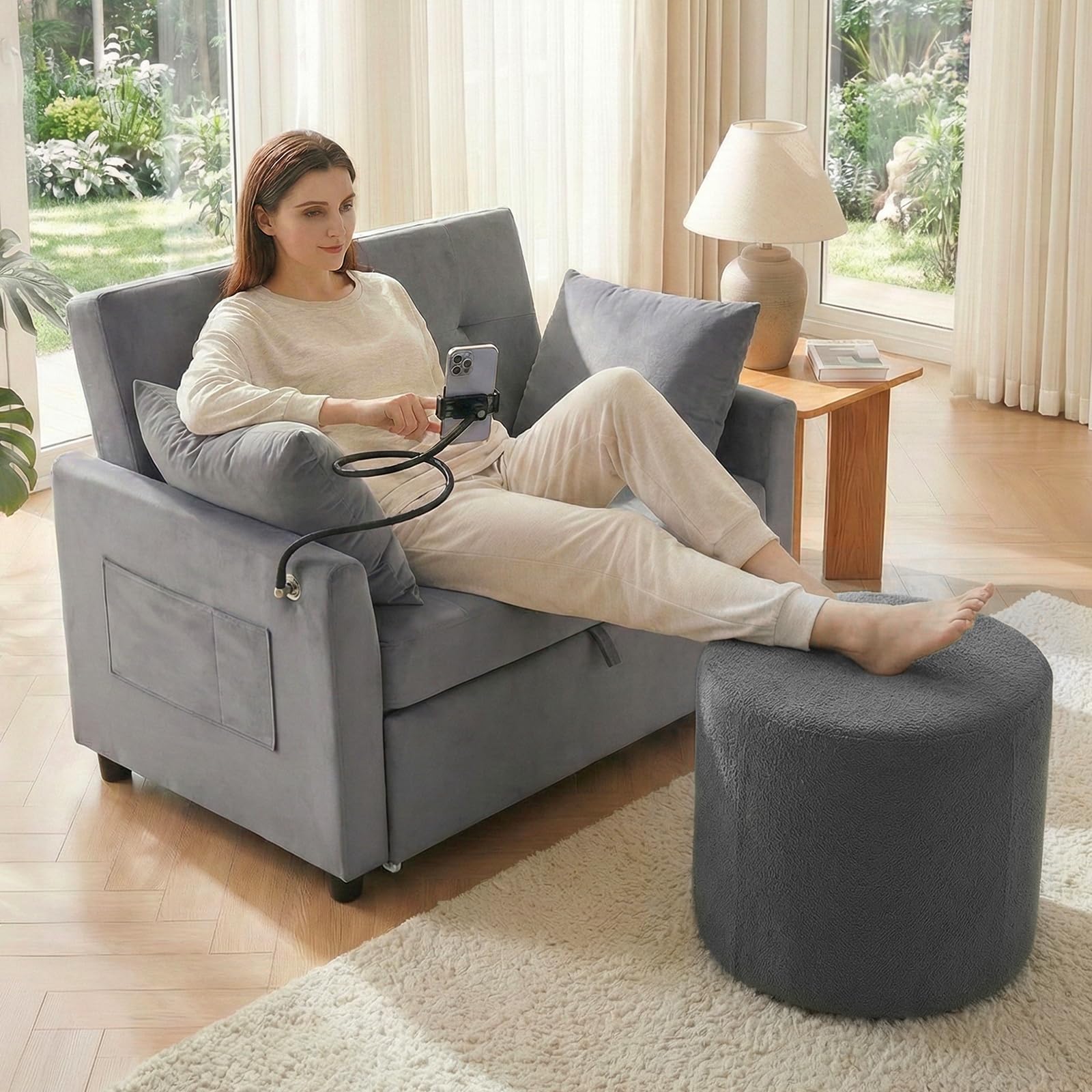 Round Stuffed Pouf Ottoman with Convertible Pull Out Sleeper Couch Sofa Bed Furry and Fluffy Pouf Foot Stool